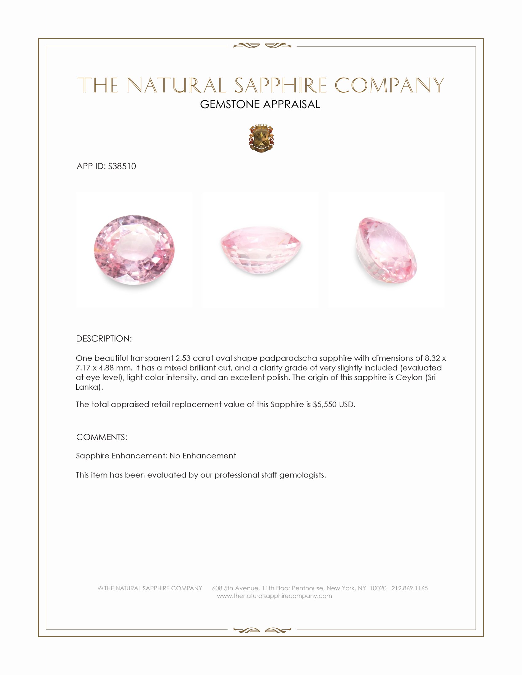 2.53 Ct. Padparadscha Sapphire from Ceylon (Sri Lanka)