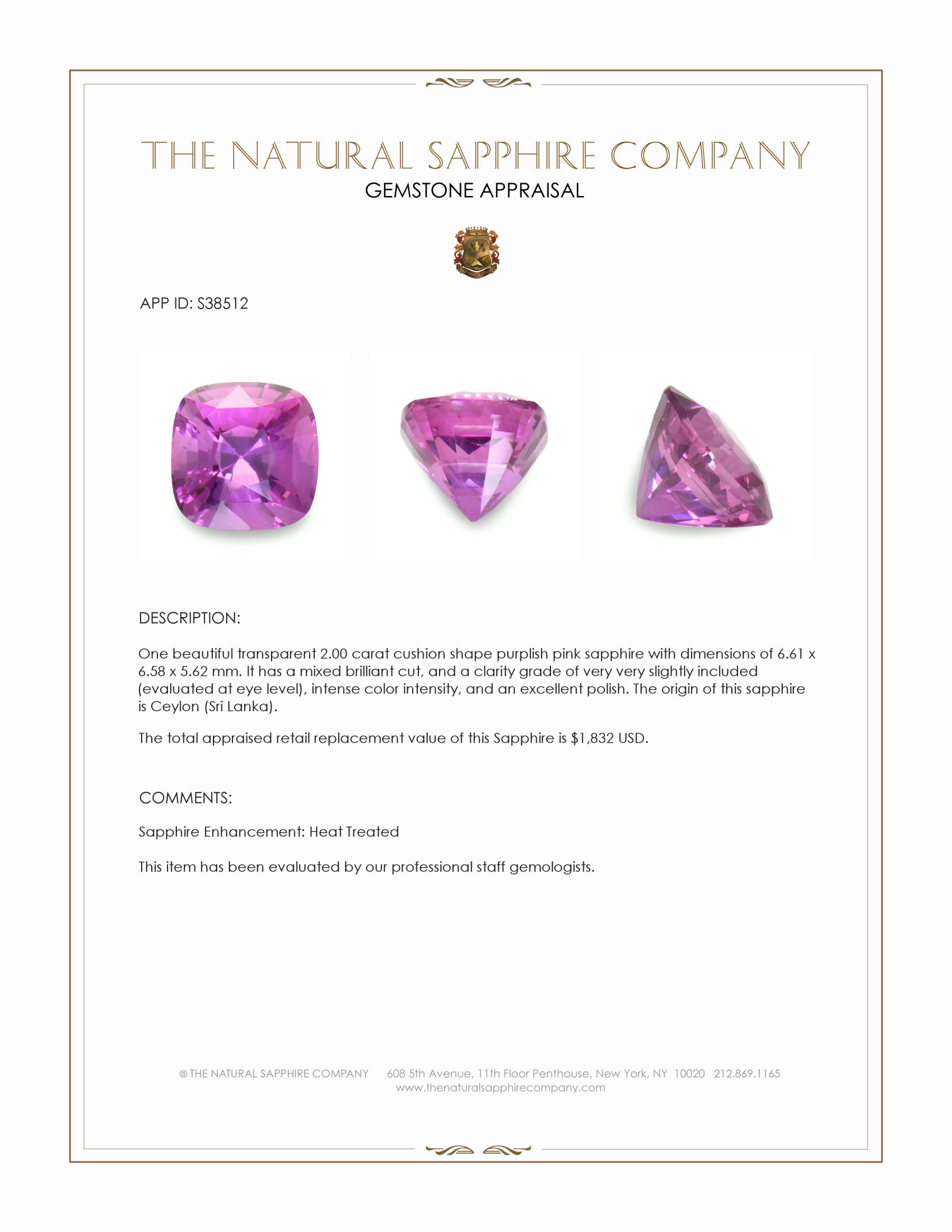 2.00 Ct. Purplish Pink Sapphire from Ceylon (Sri Lanka)