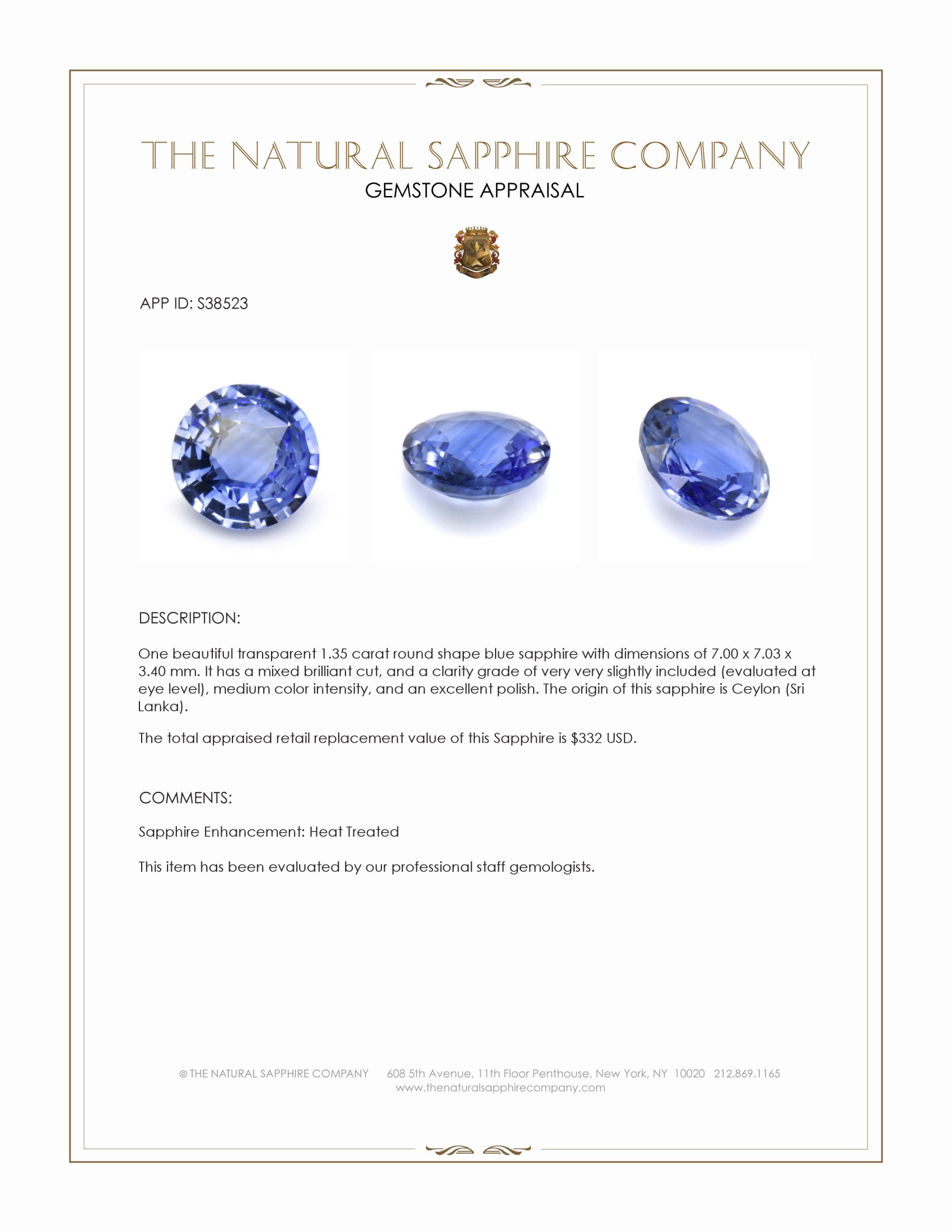1.35 Ct. Blue Sapphire from Ceylon (Sri Lanka)