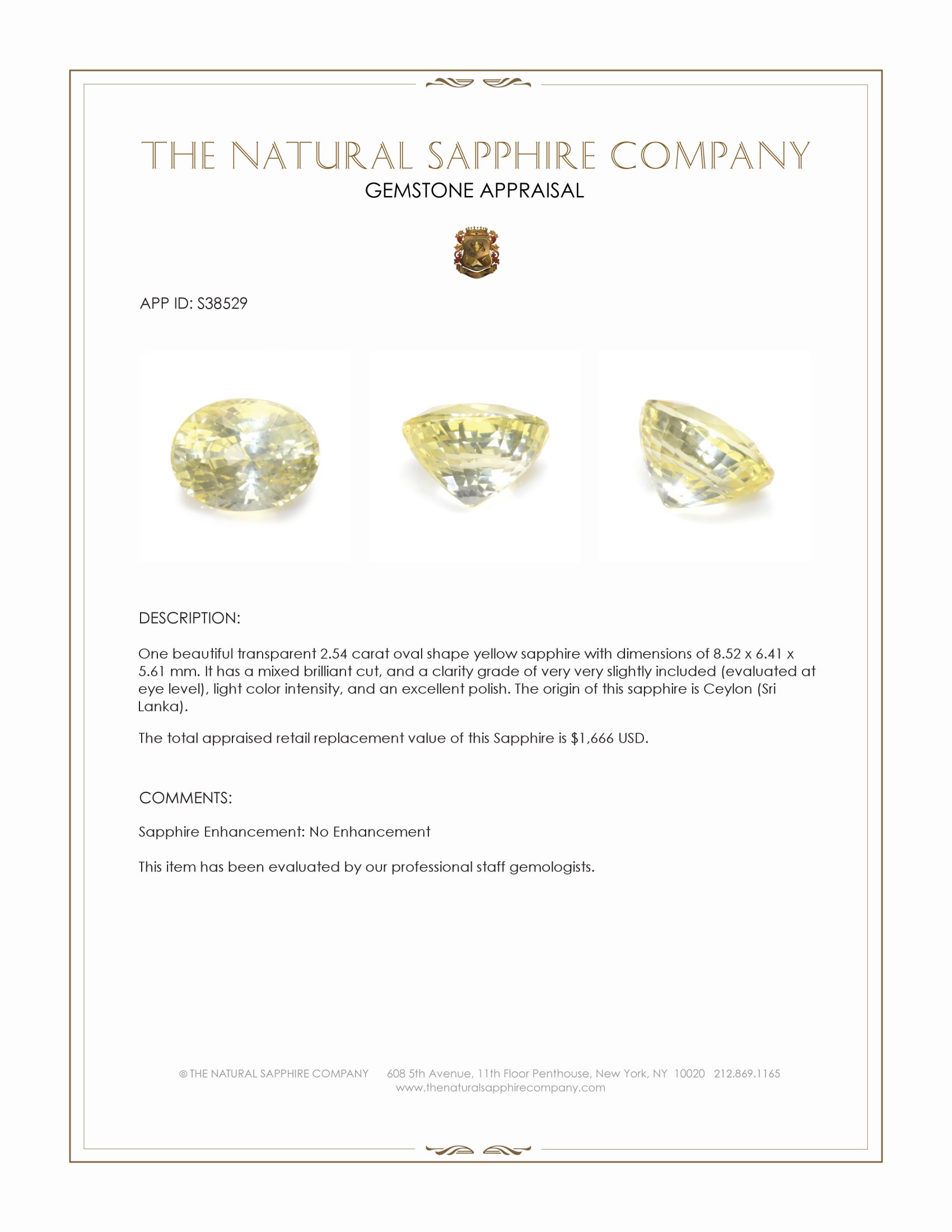 2.54 Ct. Yellow Sapphire from Ceylon (Sri Lanka)