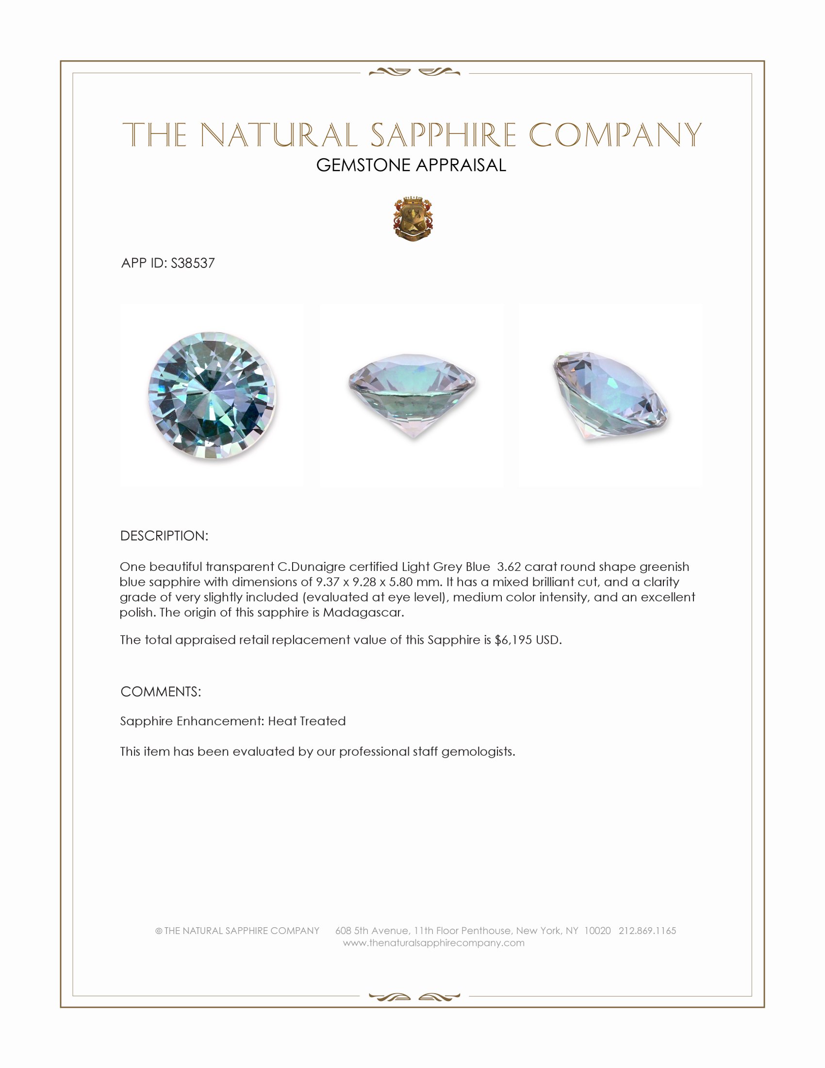 3.62 Ct. Greenish Blue Sapphire from Madagascar