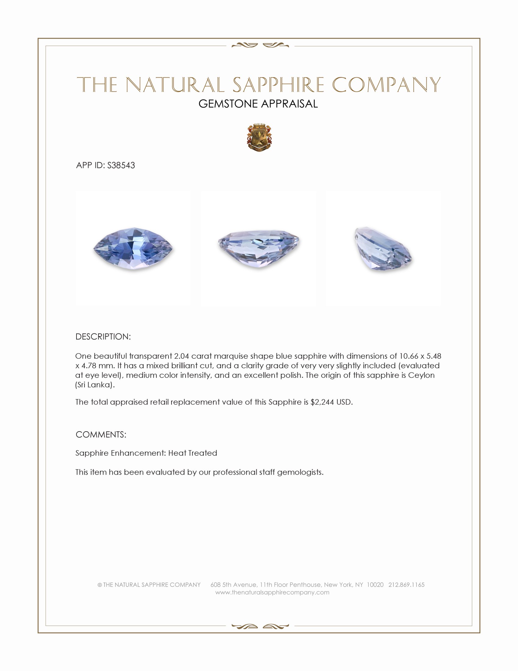 2.04 Ct. Blue Sapphire from Ceylon (Sri Lanka)