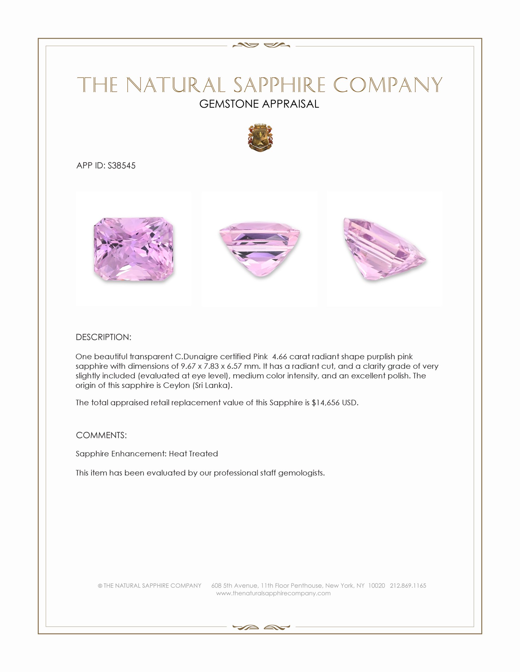 4.66 Ct. Purplish Pink Sapphire from Ceylon (Sri Lanka)