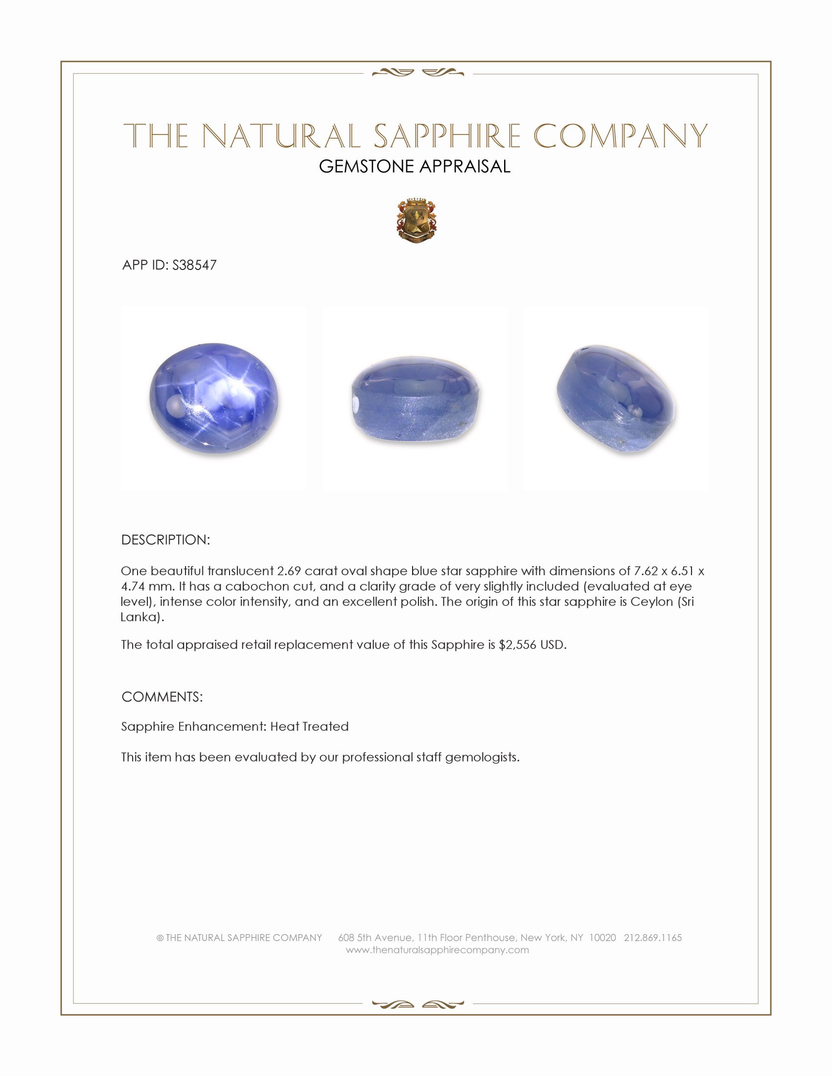 2.69 Ct. Blue Star Sapphire from Ceylon (Sri Lanka)
