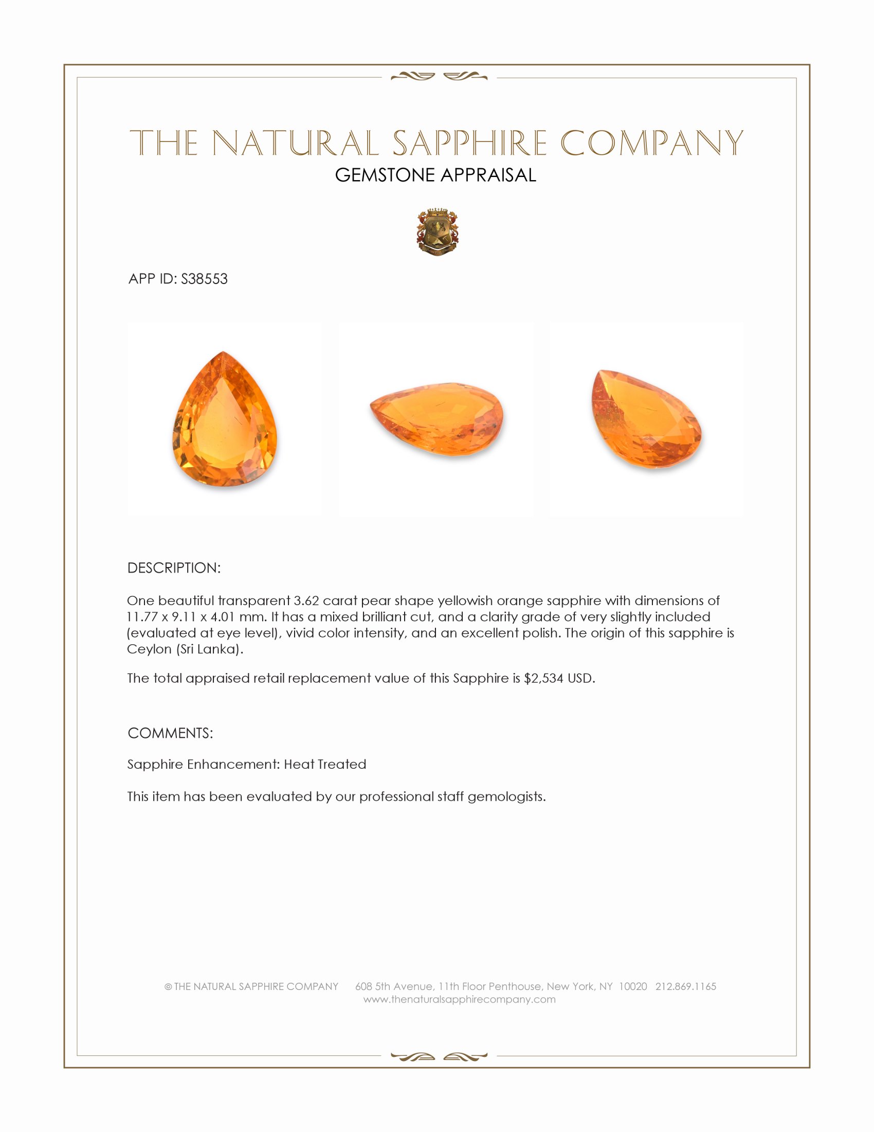 3.62 Ct. Yellowish Orange Sapphire from Ceylon (Sri Lanka)