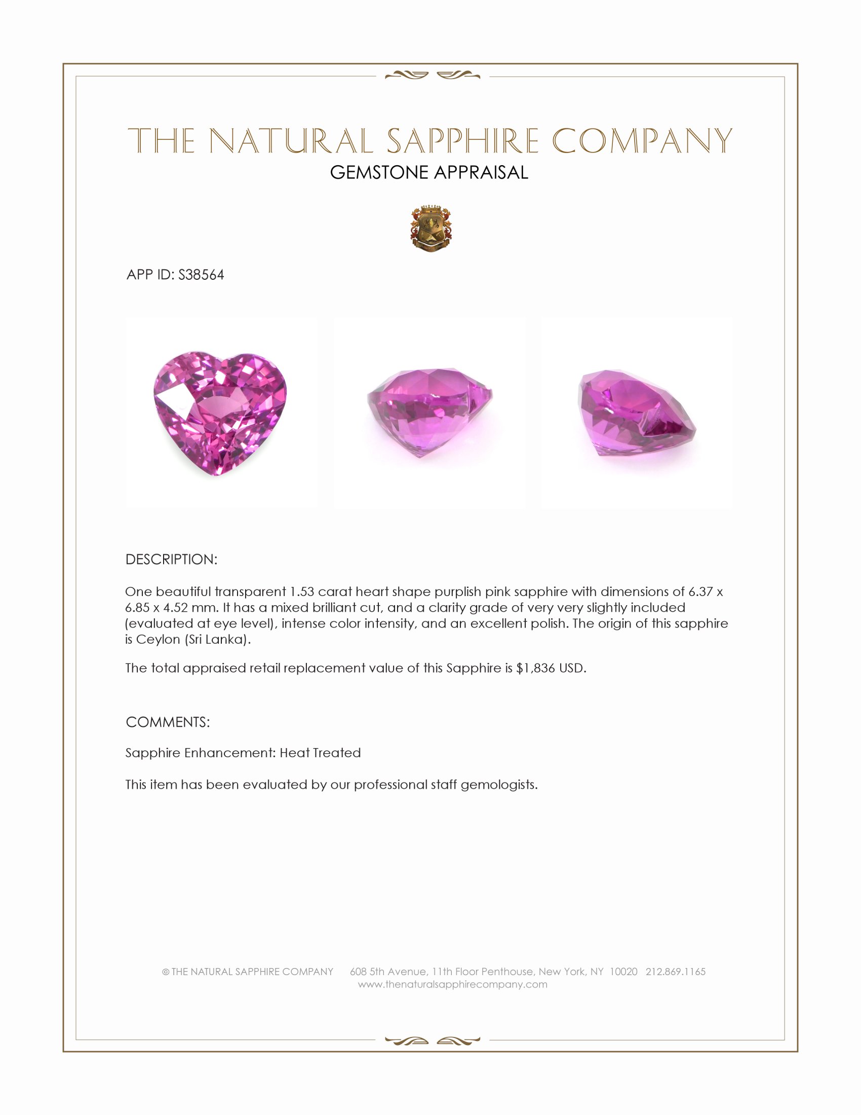1.53 Ct. Purplish Pink Sapphire from Ceylon (Sri Lanka)