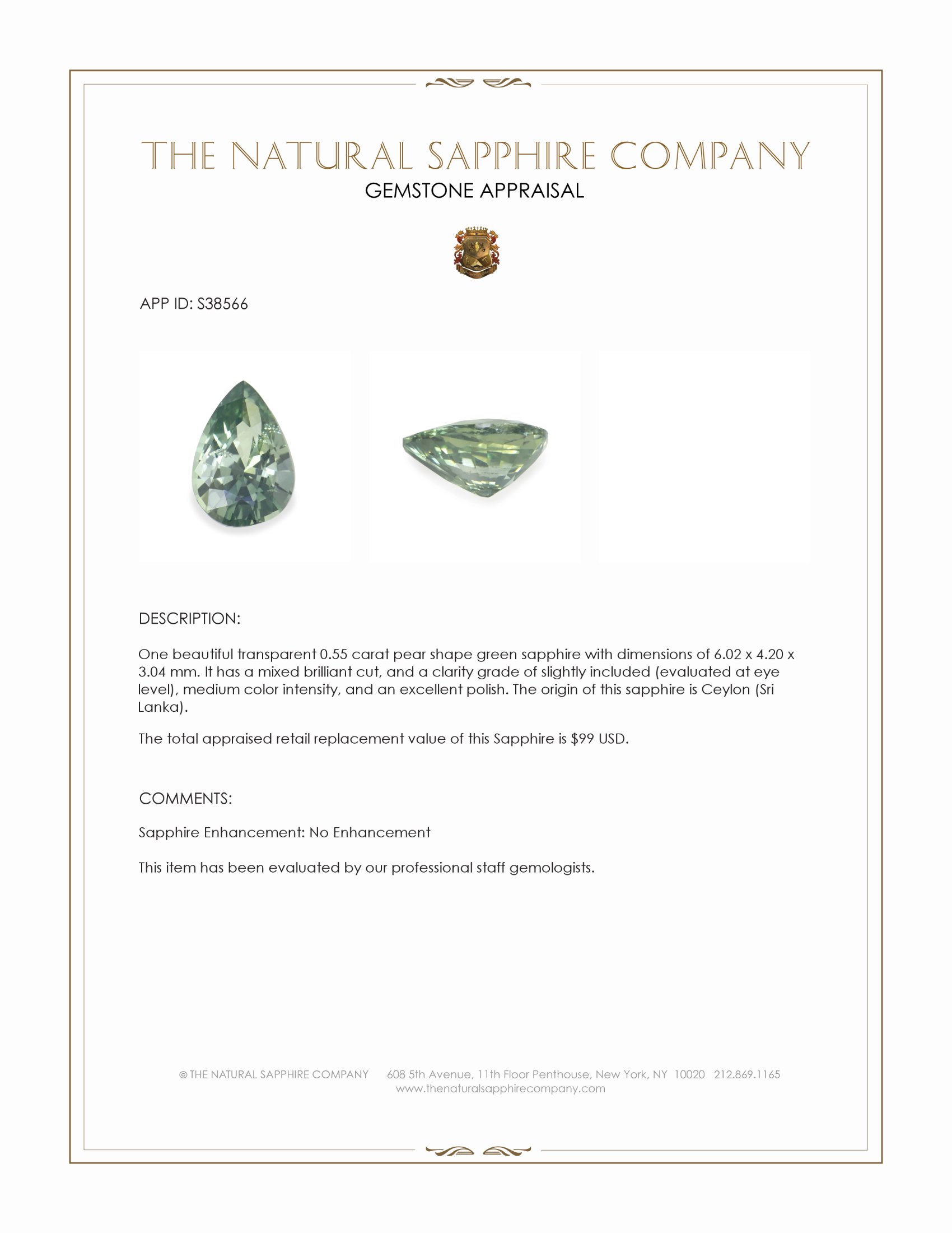0.55 Ct. Green Sapphire from Ceylon (Sri Lanka)