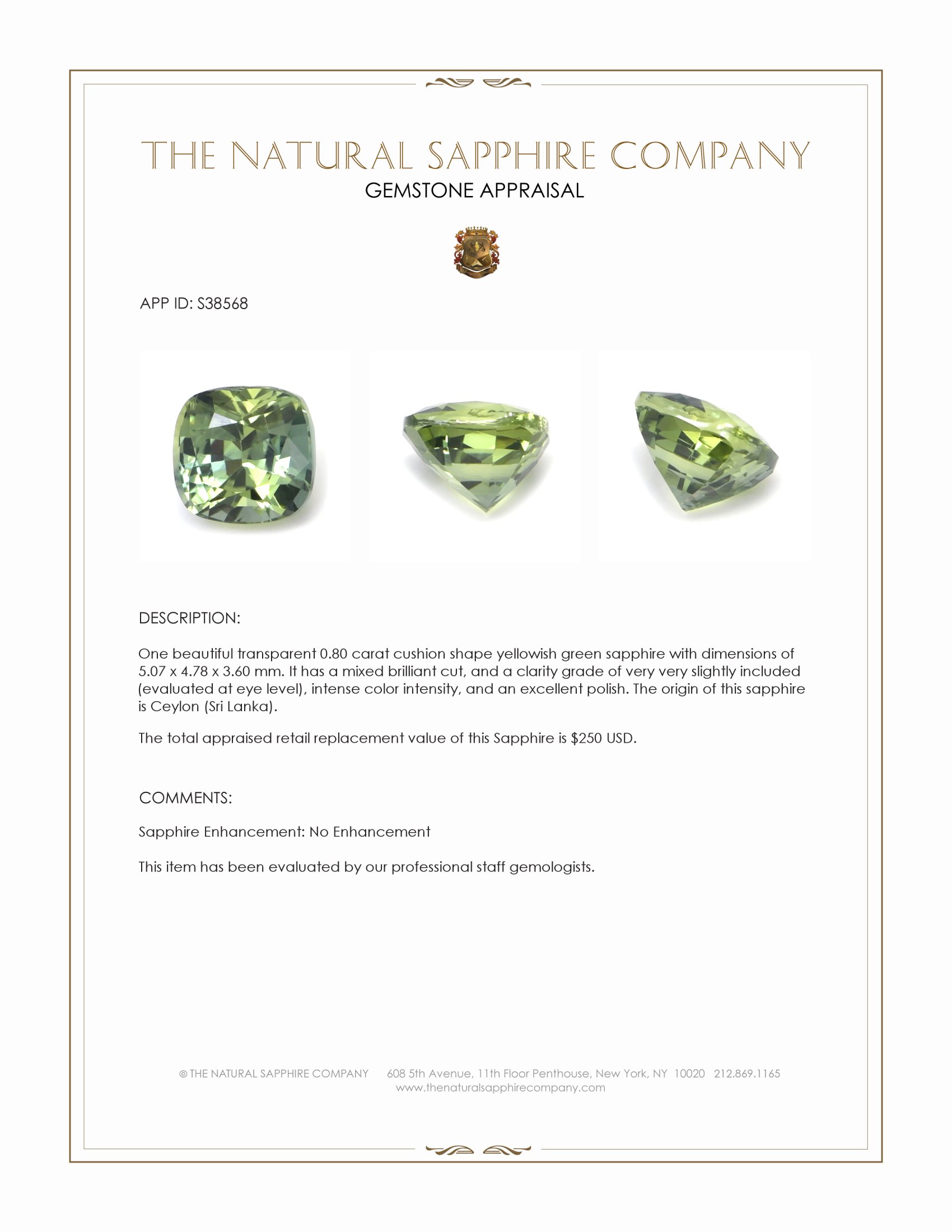 0.80 Ct. Yellowish Green Sapphire from Ceylon (Sri Lanka)