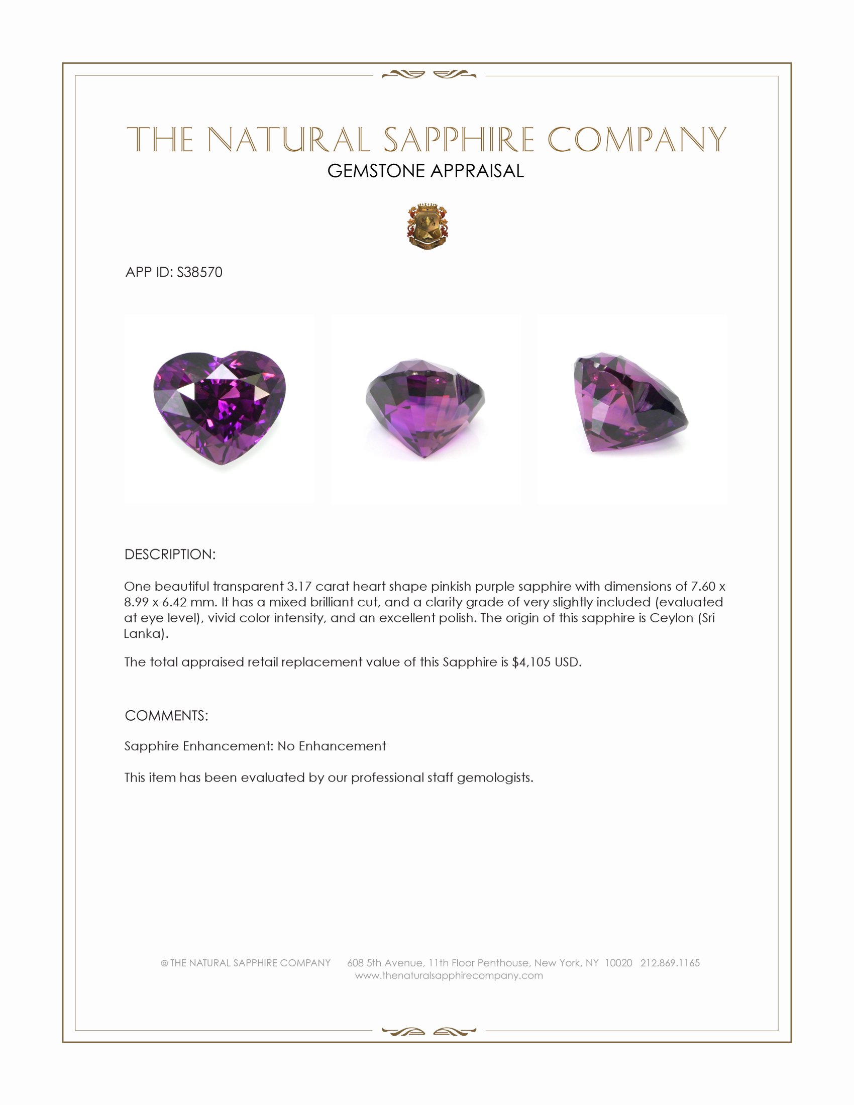 3.17 Ct. Pinkish Purple Sapphire from Ceylon (Sri Lanka)