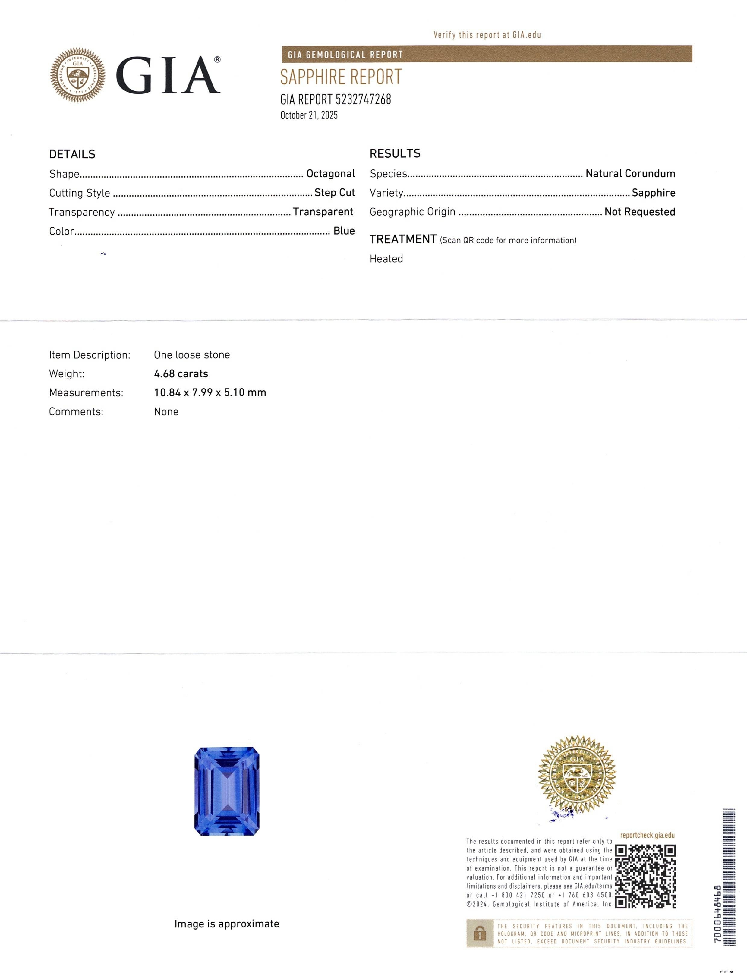 4.68 Ct. Blue Sapphire from Ceylon (Sri Lanka)