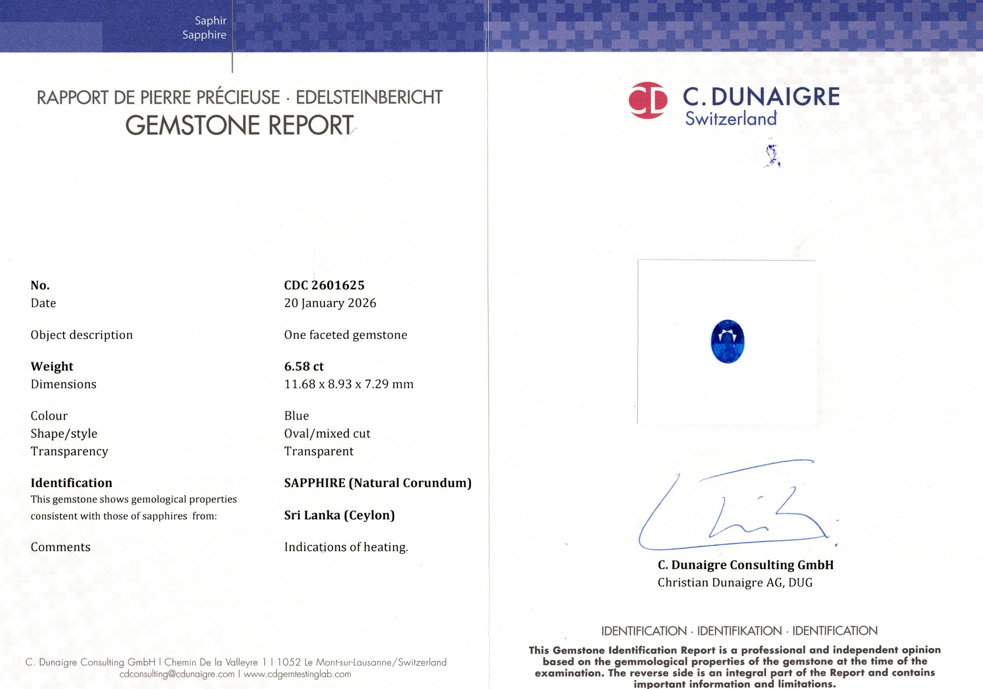 6.58 Ct. Blue Sapphire from Ceylon (Sri Lanka)