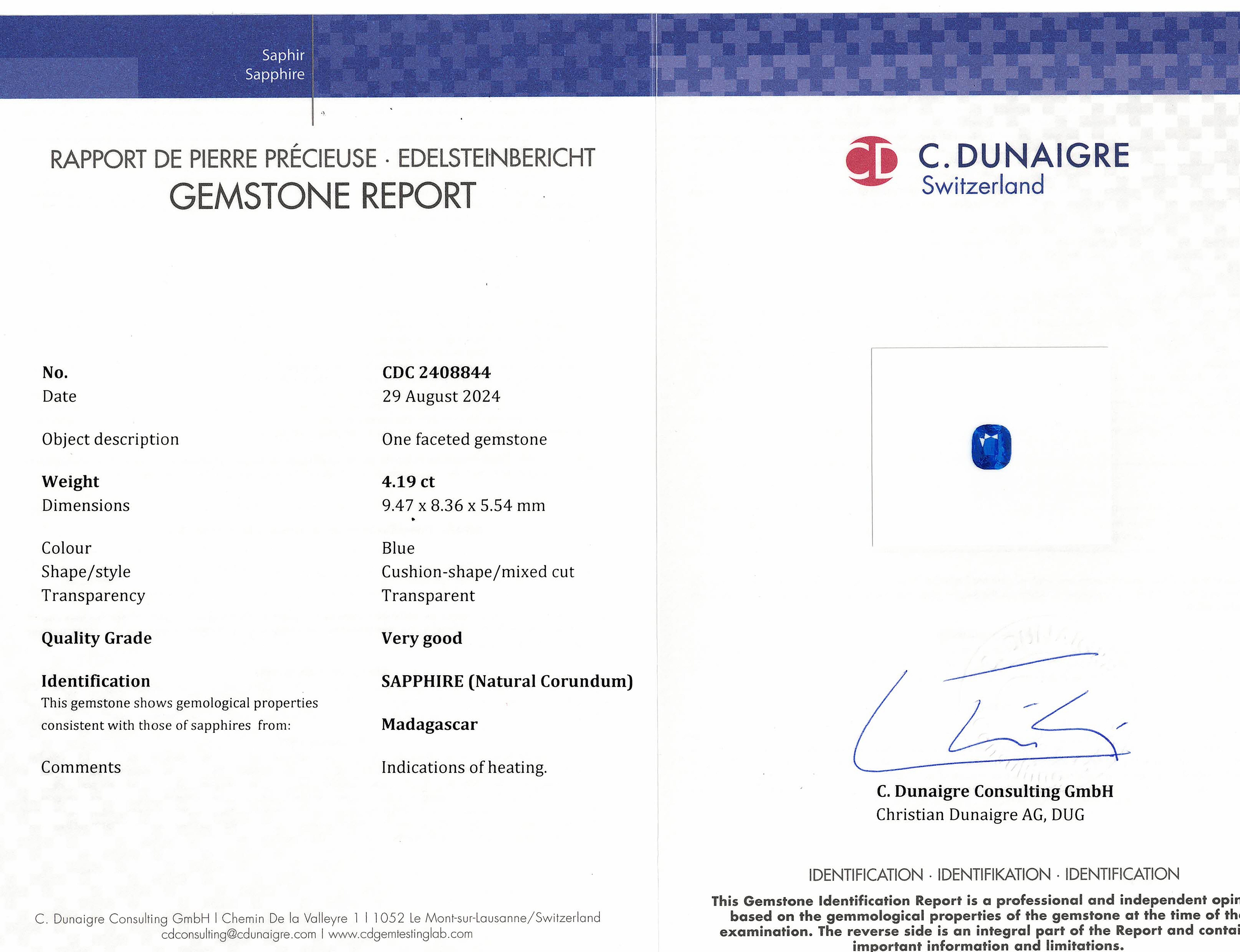 4.19 Ct. Blue Sapphire from Madagascar