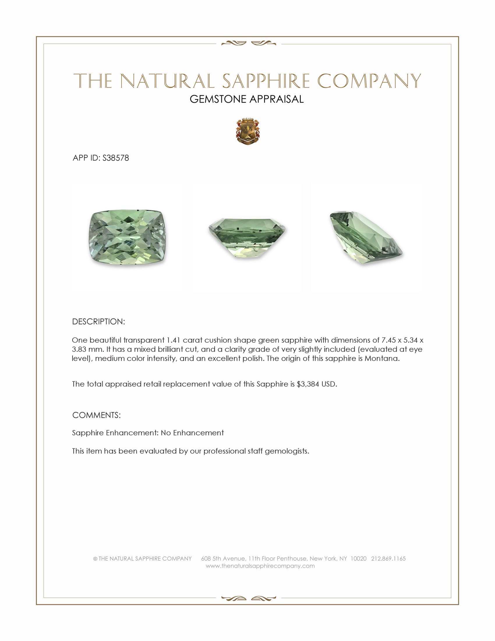 1.41 Ct. Green Sapphire from Montana