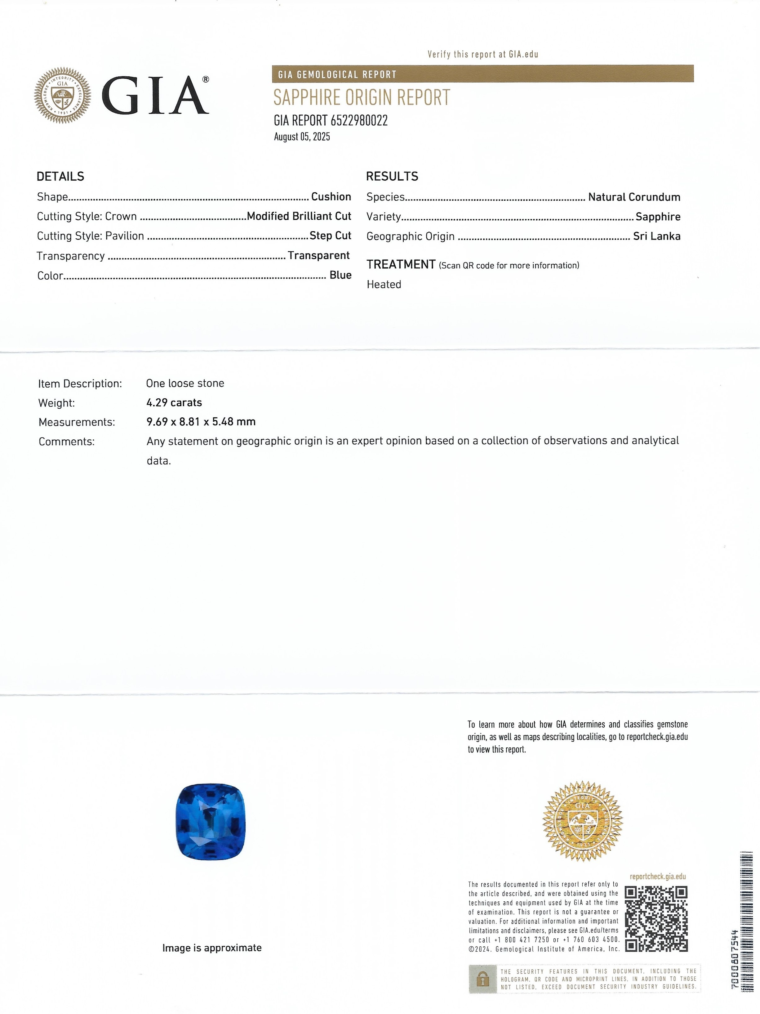 4.29 Ct. Blue Sapphire from Ceylon (Sri Lanka)