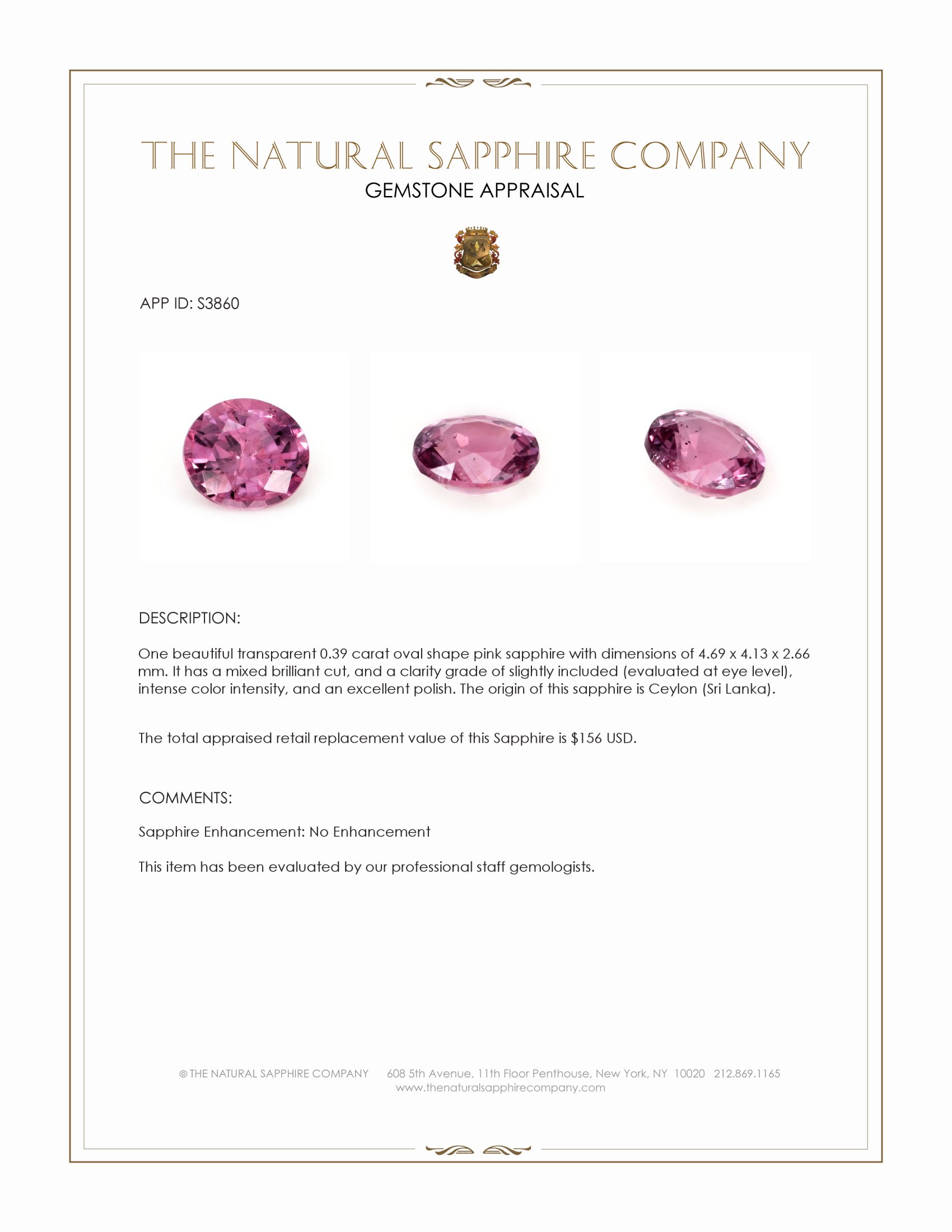 0.39 Ct. Pink Sapphire from Ceylon (Sri Lanka)
