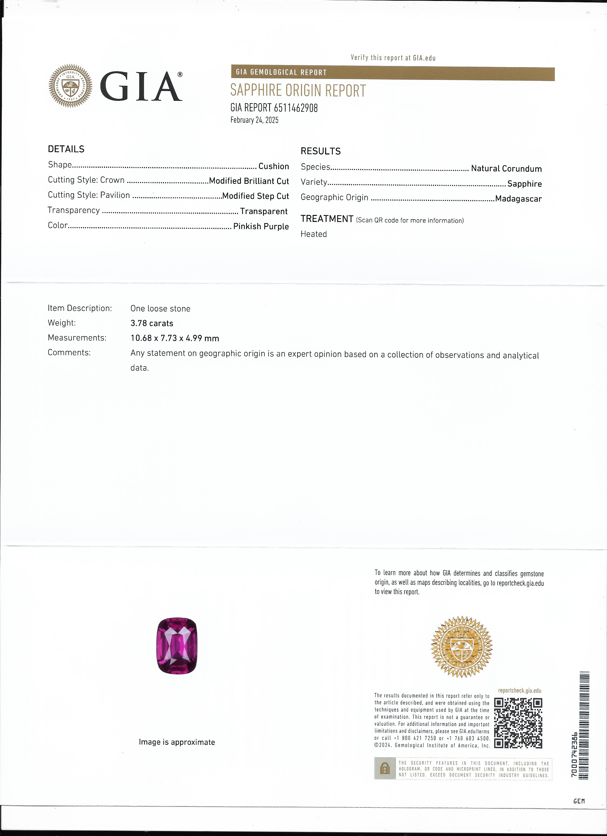 3.78 Ct. Purplish Pink Sapphire from Ceylon (Sri Lanka)