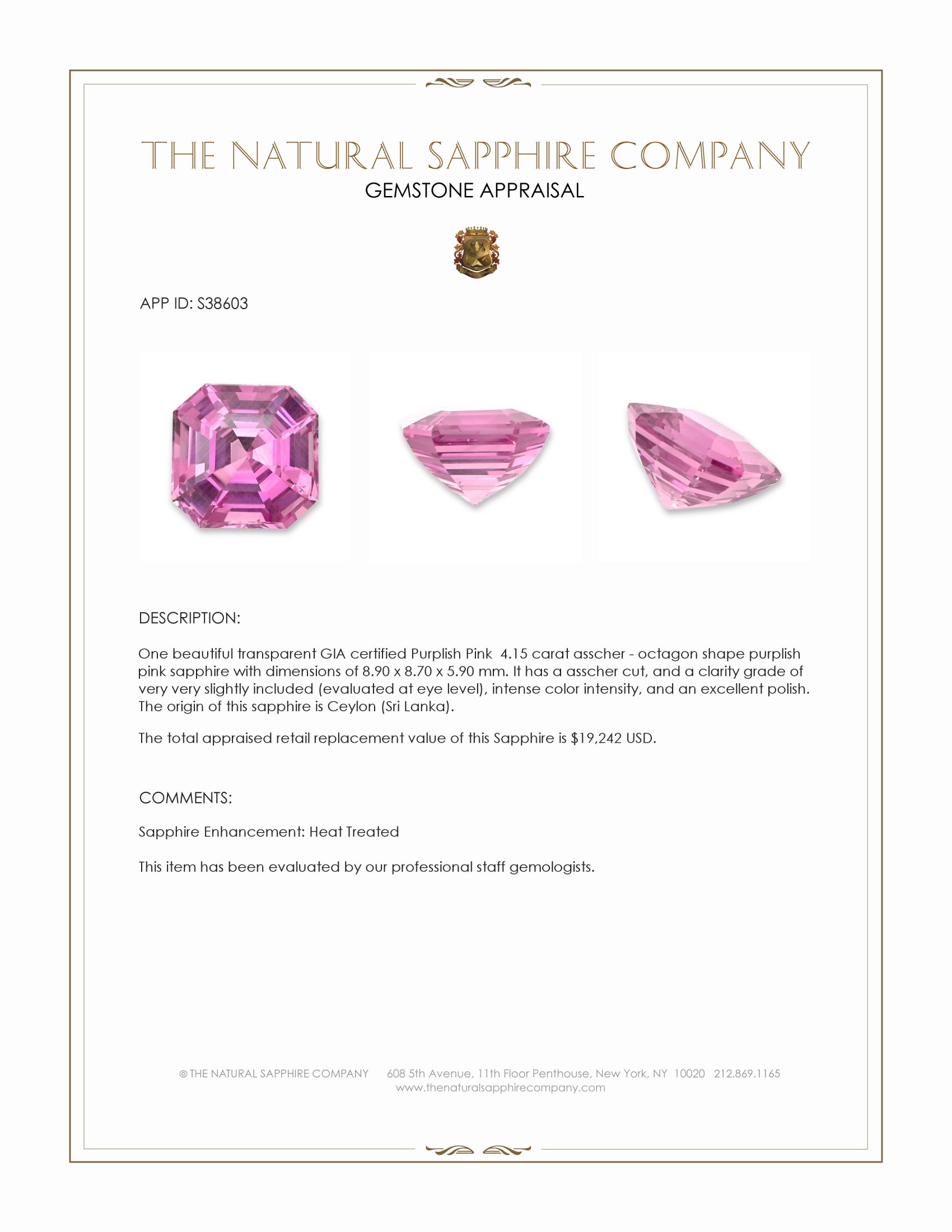4.15 Ct. Purplish Pink Sapphire from Ceylon (Sri Lanka)