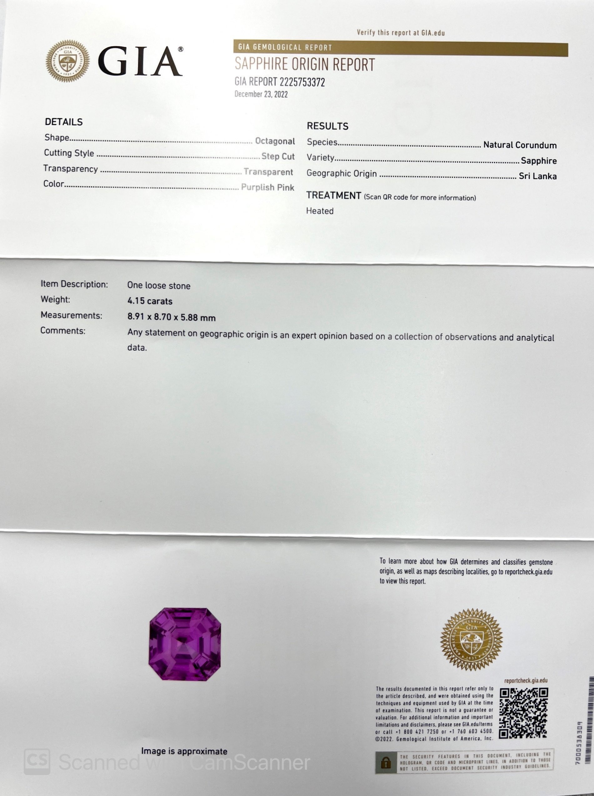 4.15 Ct. Purplish Pink Sapphire from Ceylon (Sri Lanka)