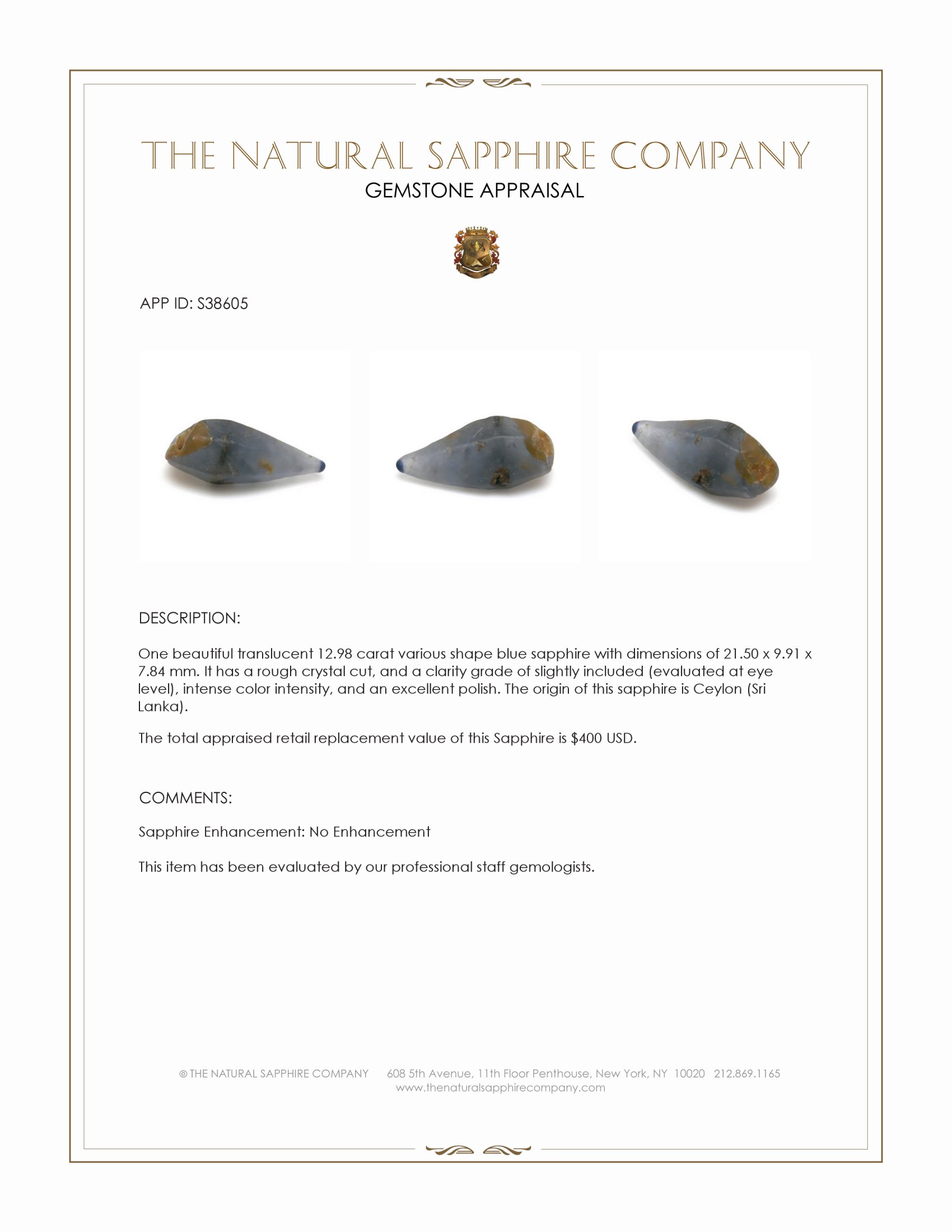 12.98 Ct. Blue Sapphire Crystal from Ceylon (Sri Lanka)