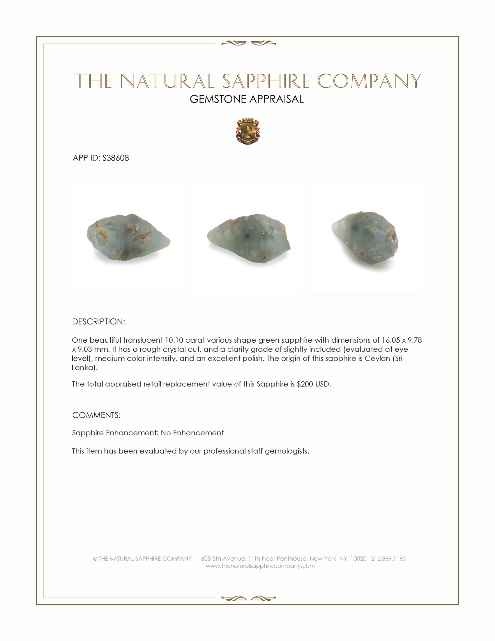 10.10 Ct. Green Sapphire Crystal from Ceylon (Sri Lanka)