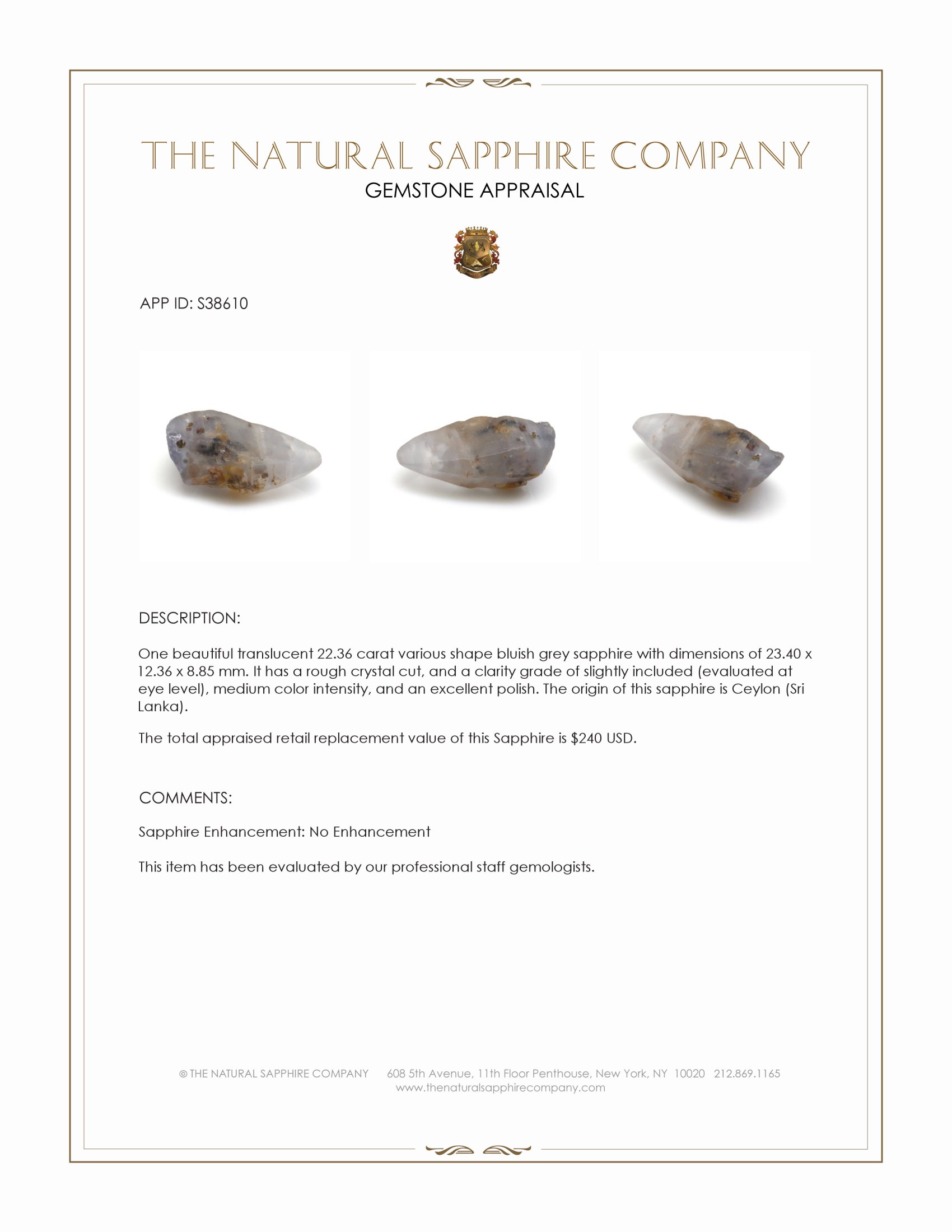 22.36 Ct. Bluish Grey Sapphire Crystal from Ceylon (Sri Lanka)