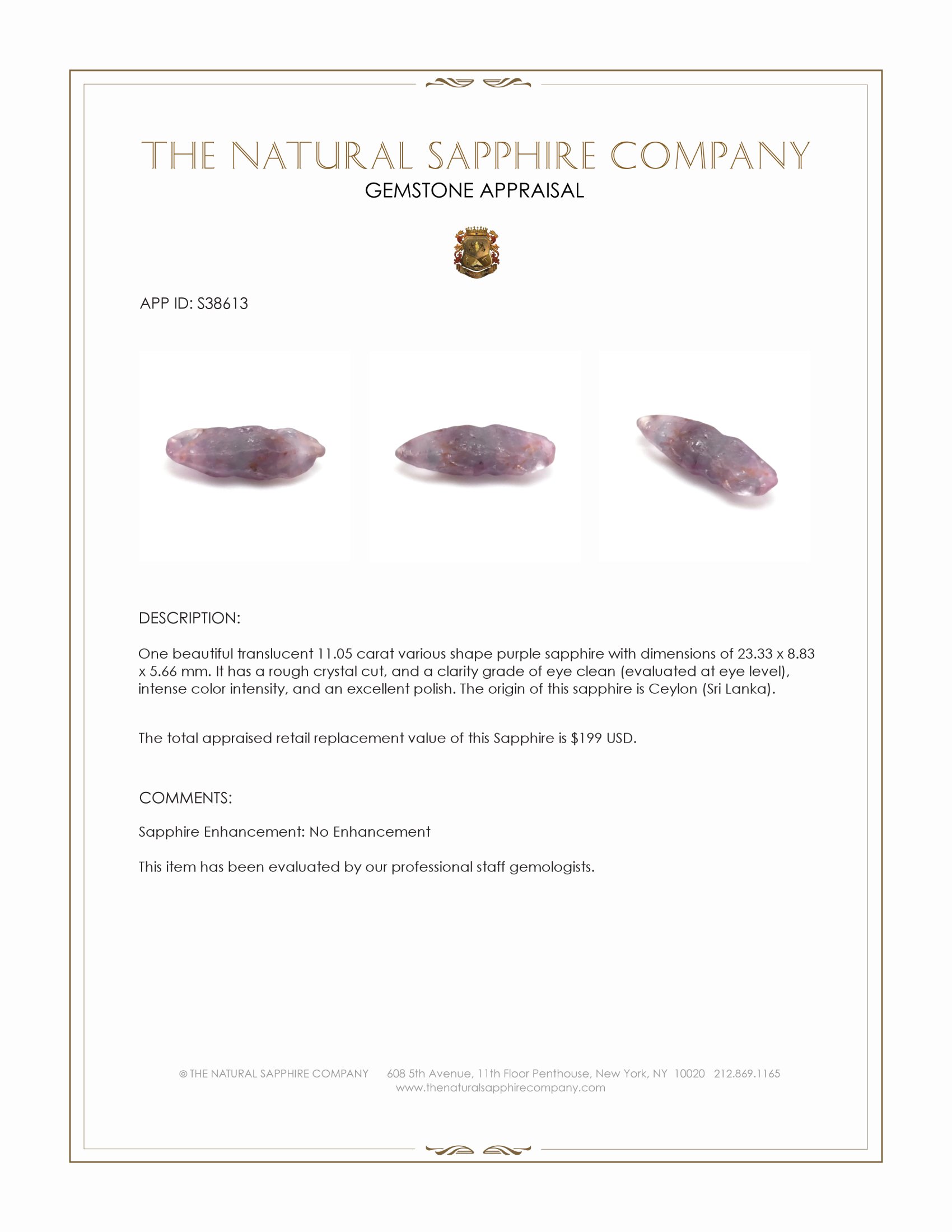 11.05 Ct. Purple Sapphire Crystal from Ceylon (Sri Lanka)