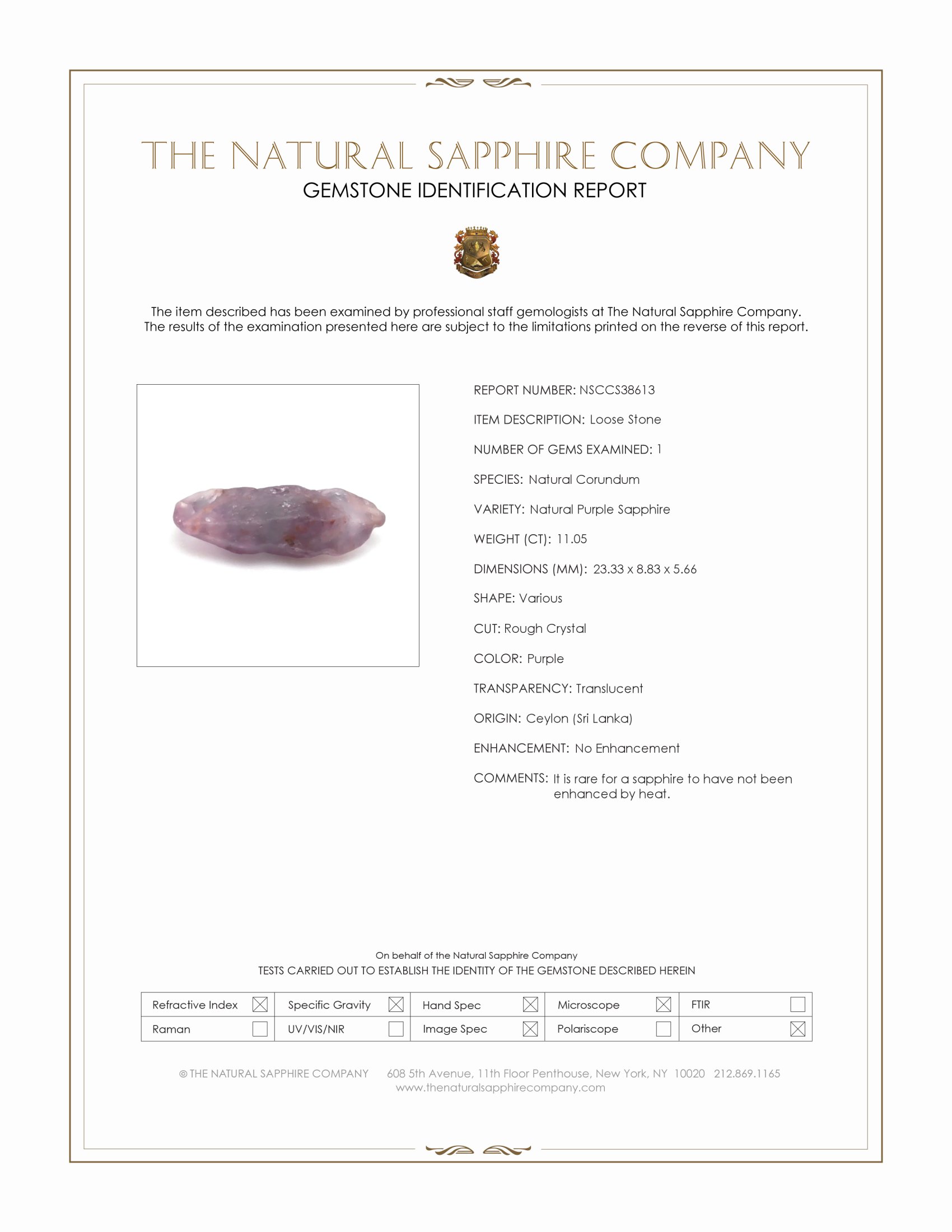 11.05 Ct. Purple Sapphire Crystal from Ceylon (Sri Lanka)