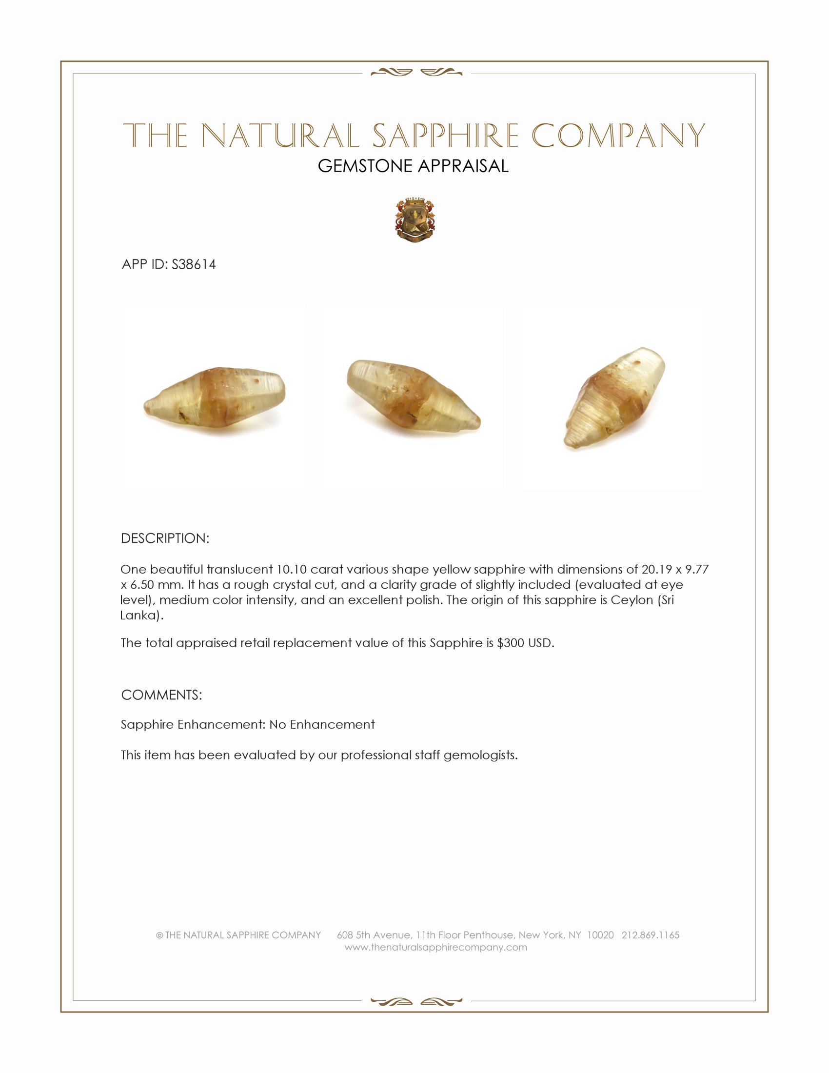 10.10 Ct. Yellow Sapphire Crystal from Ceylon (Sri Lanka)