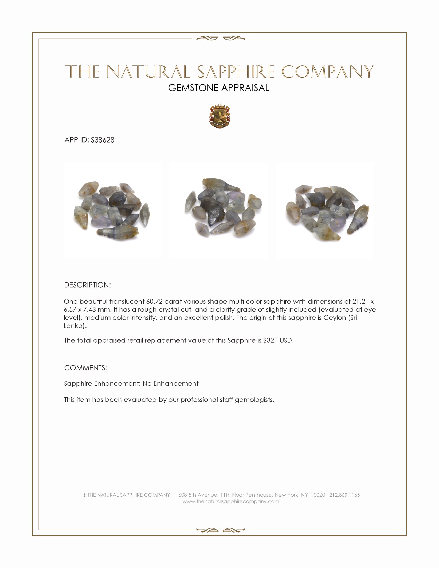 60.72 Ct. Multi Color Sapphire Crystal from Ceylon (Sri Lanka)