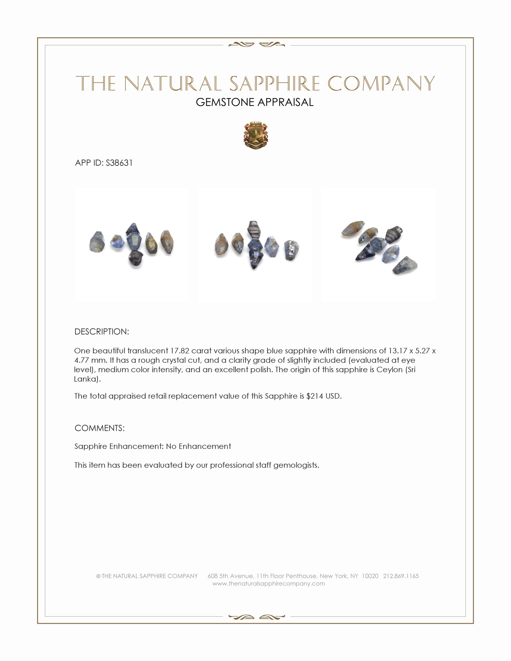 17.82 Ct. Blue Sapphire Crystal from Ceylon (Sri Lanka)