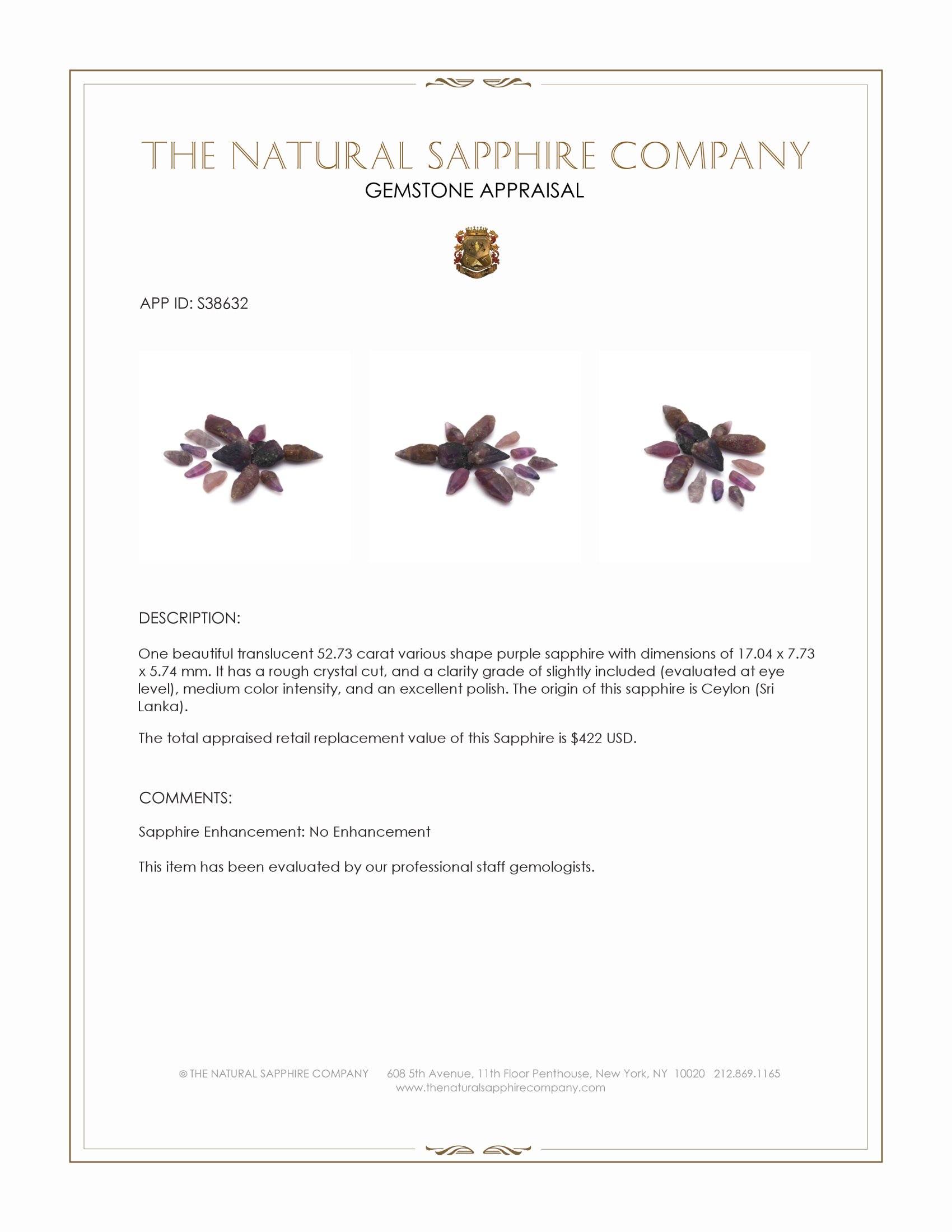 52.73 Ct. Purple Sapphire Crystal from Ceylon (Sri Lanka)