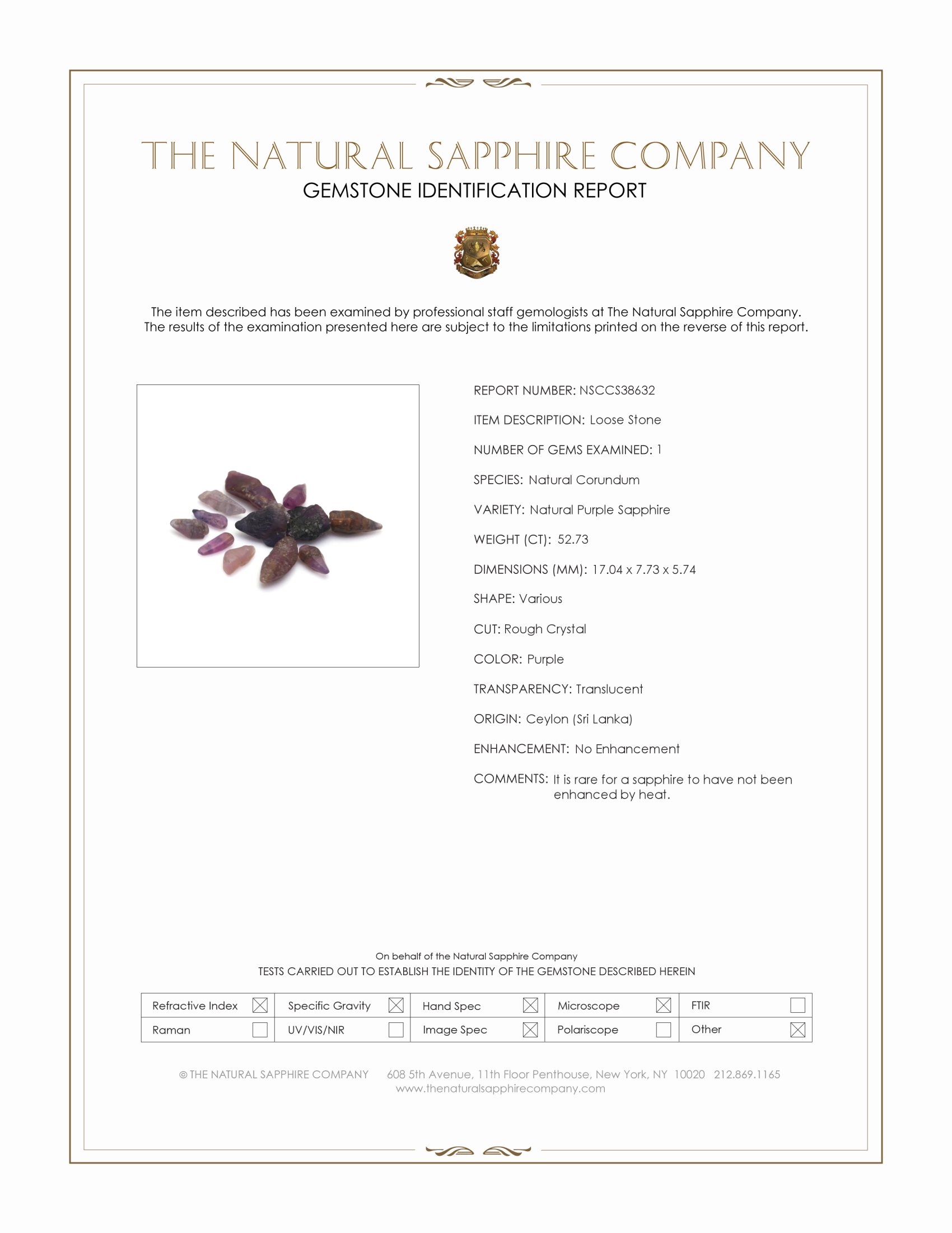 52.73 Ct. Purple Sapphire Crystal from Ceylon (Sri Lanka)