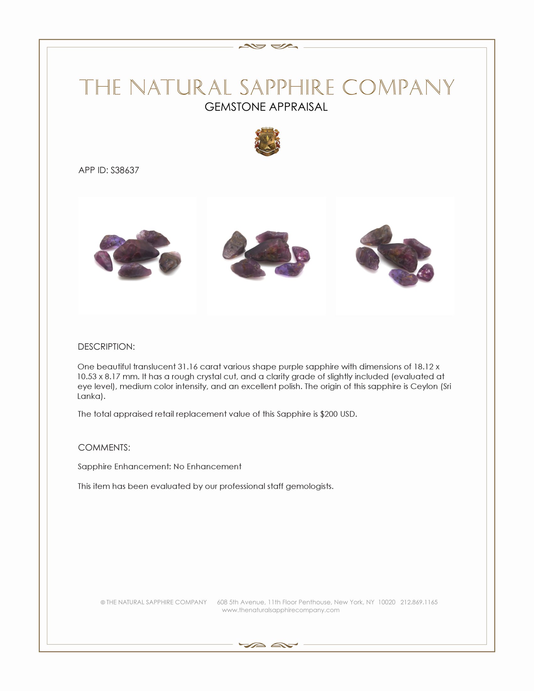 31.16 Ct. Purple Sapphire Crystal from Ceylon (Sri Lanka)