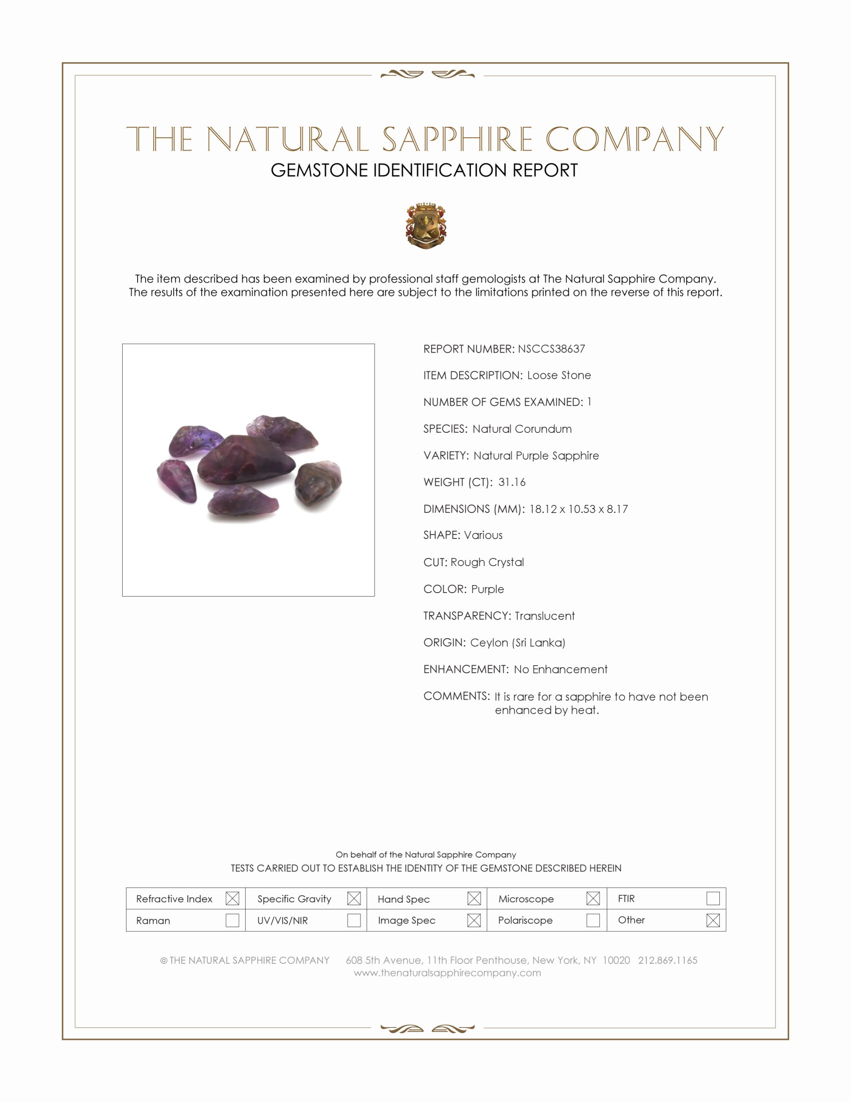 31.16 Ct. Purple Sapphire Crystal from Ceylon (Sri Lanka)