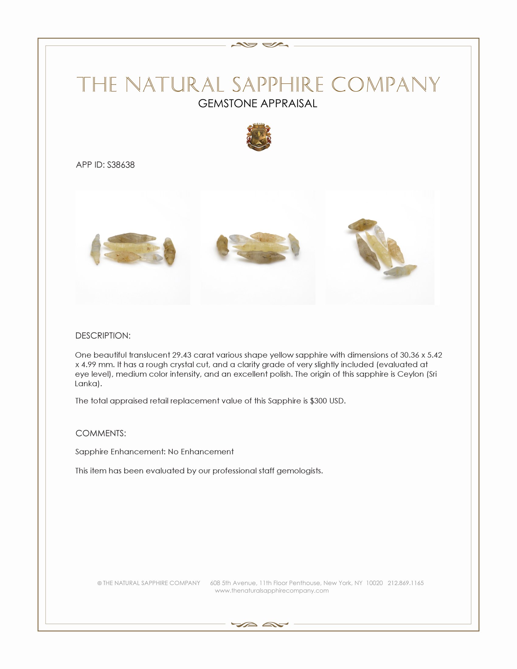 29.43 Ct. Yellow Sapphire Crystal from Ceylon (Sri Lanka)