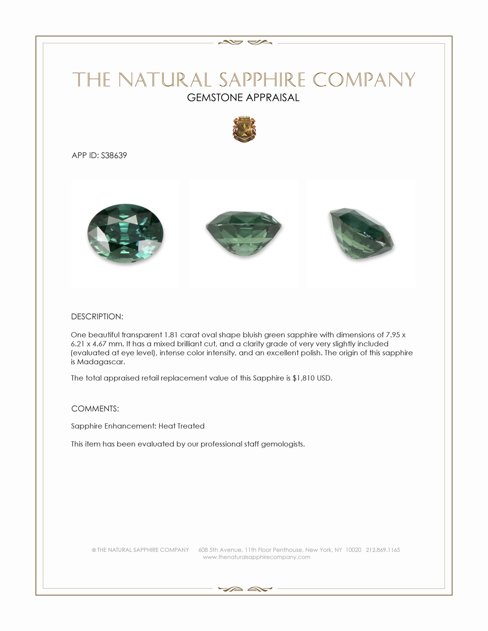 1.81 Ct. Bluish Green Sapphire from Madagascar