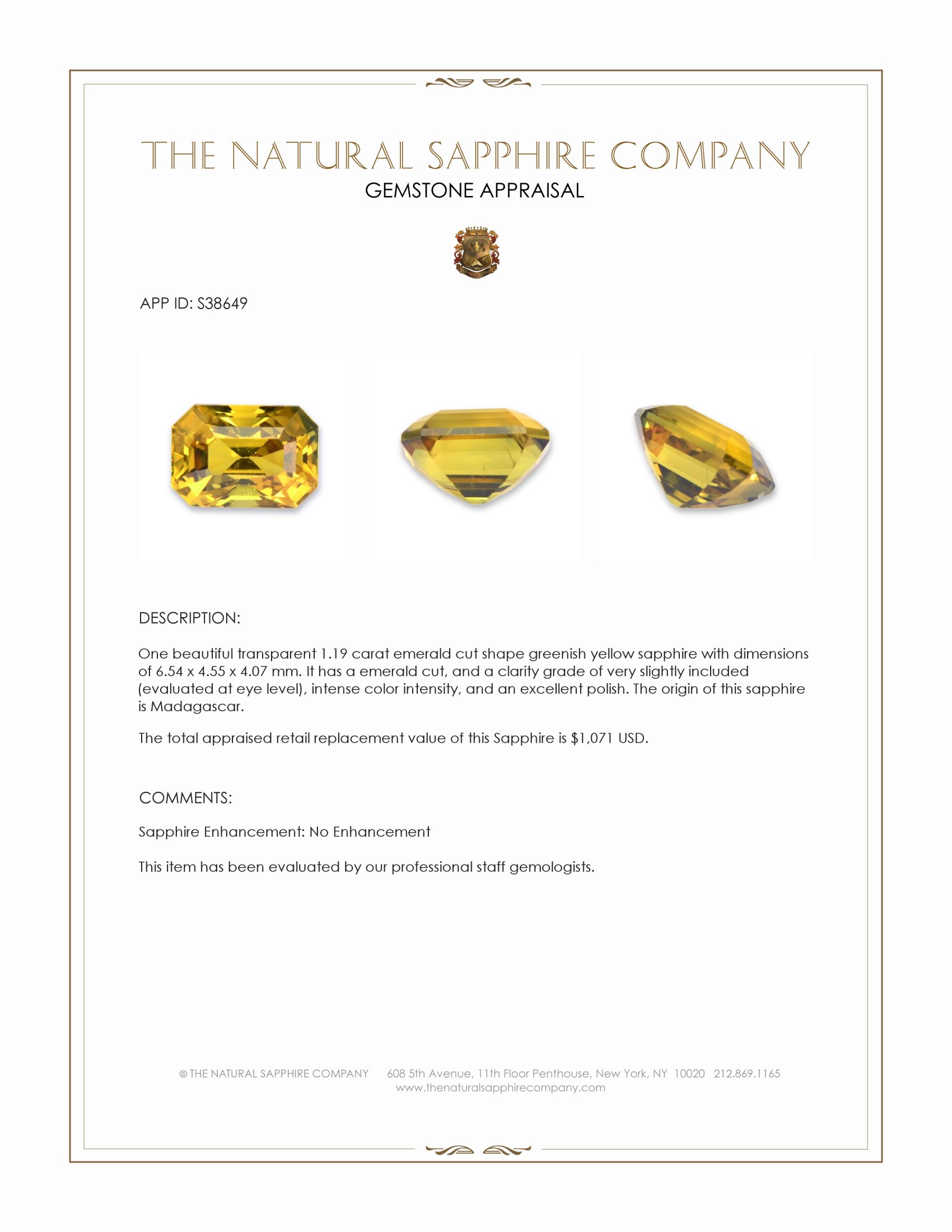 1.19 Ct. Greenish Yellow Sapphire from Madagascar