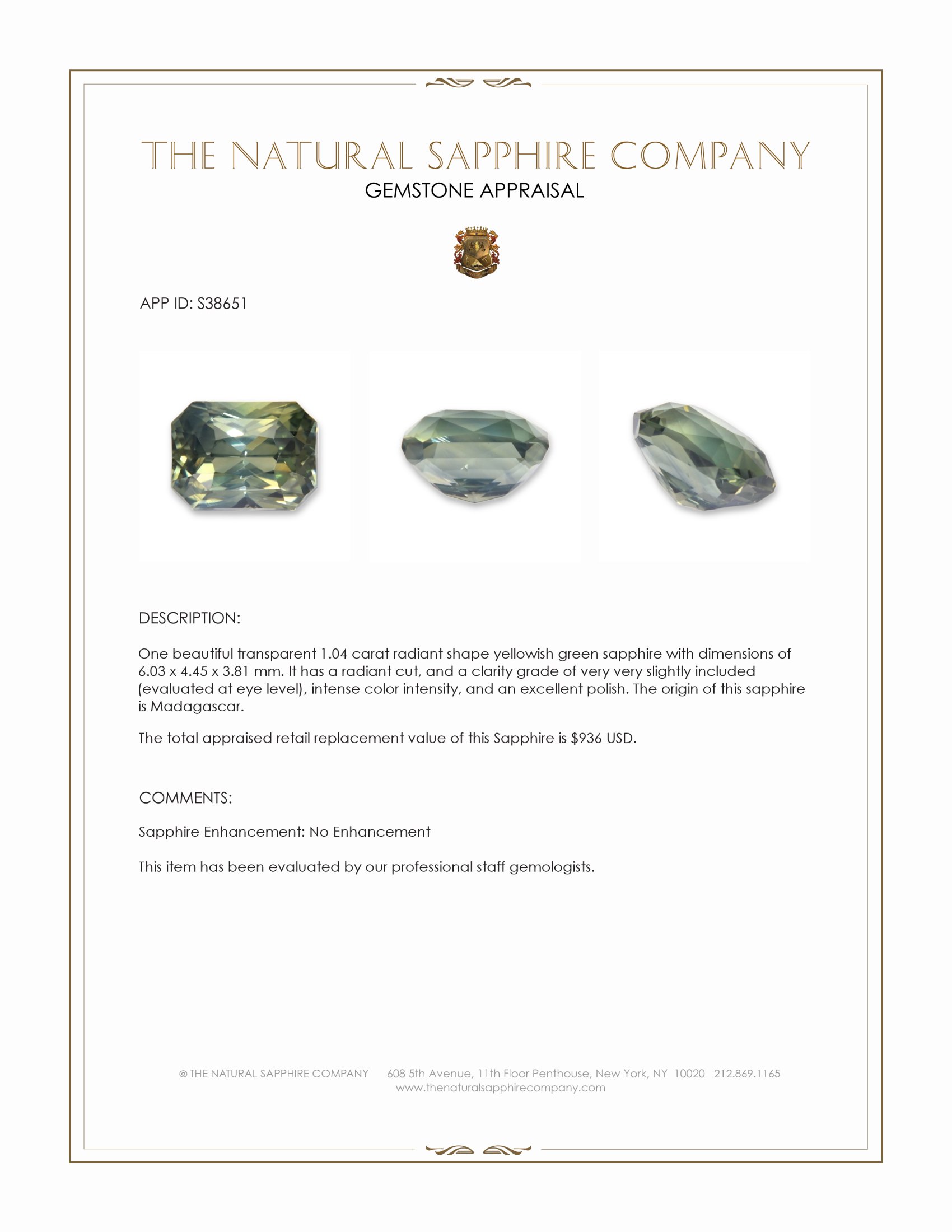 1.04 Ct. Yellowish Green Sapphire from Madagascar