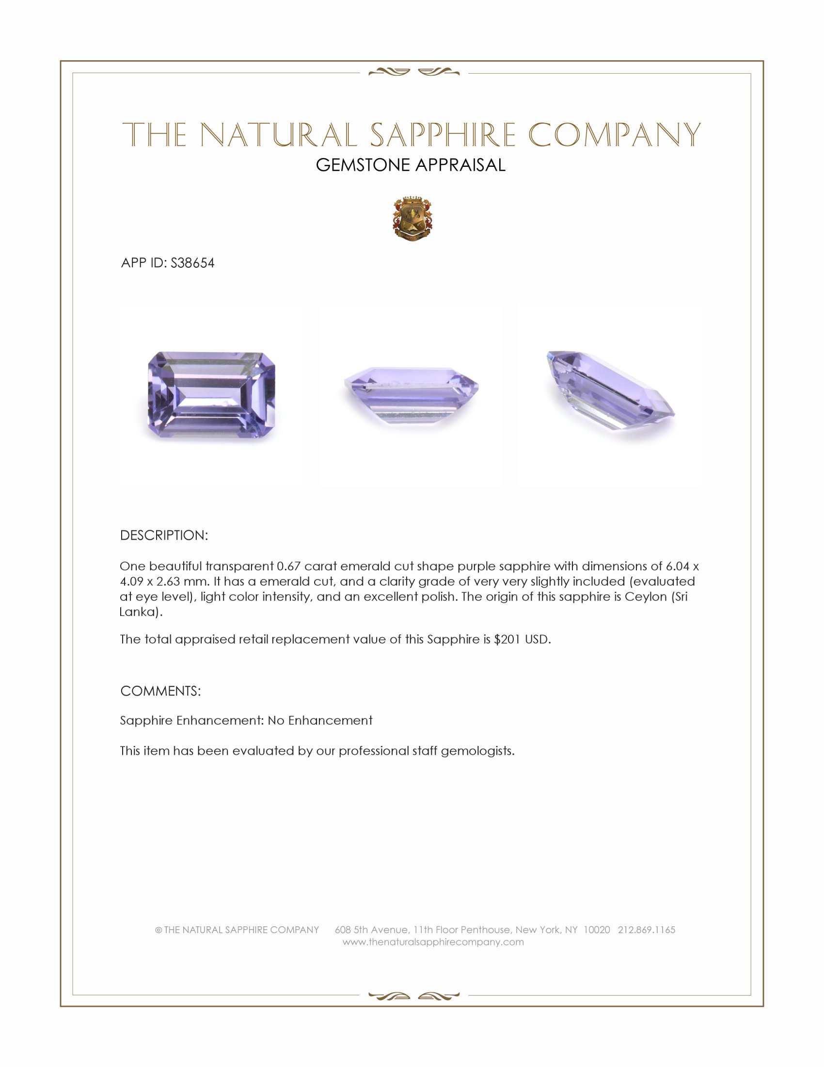 0.67 Ct. Purple Sapphire from Ceylon (Sri Lanka)