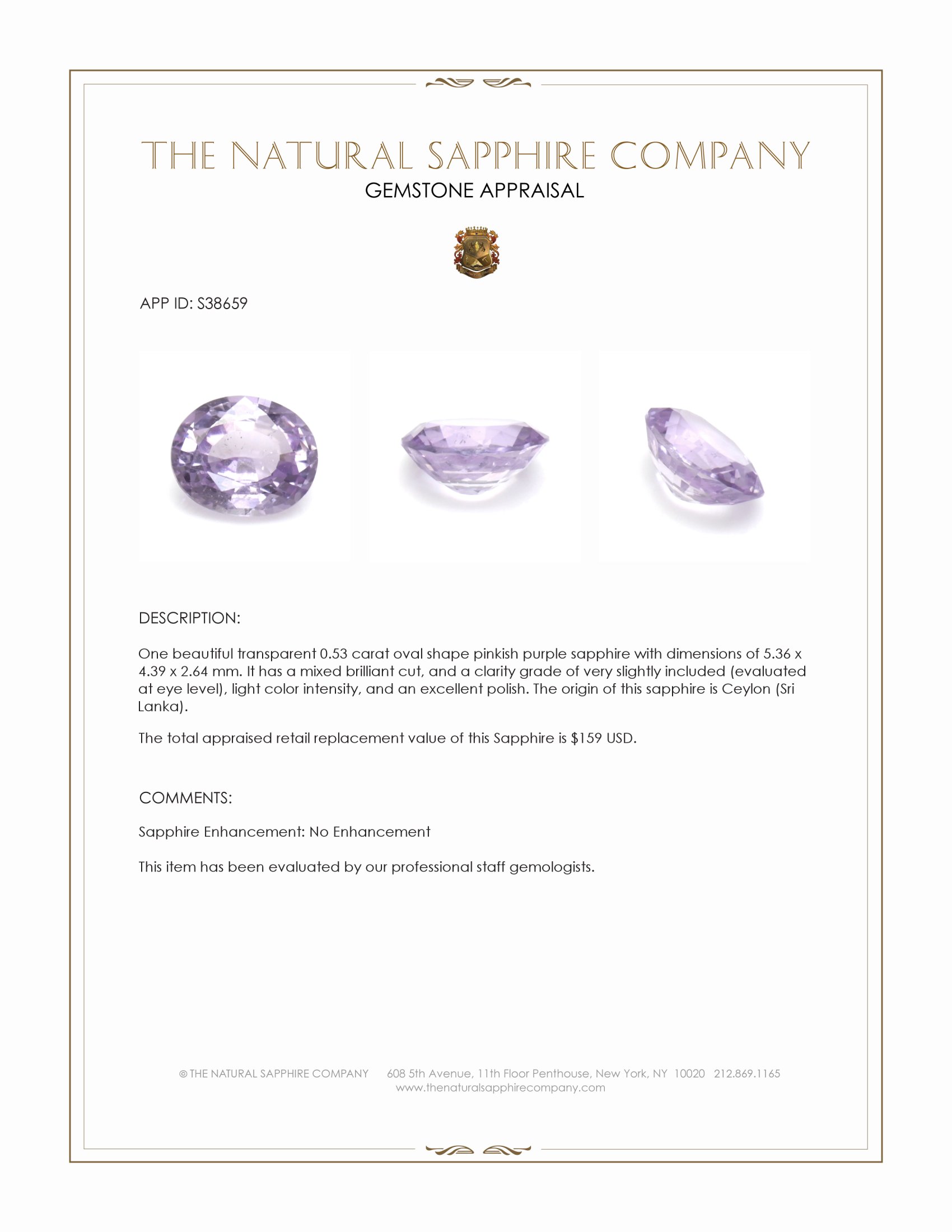 0.53 Ct. Pinkish Purple Sapphire from Ceylon (Sri Lanka)