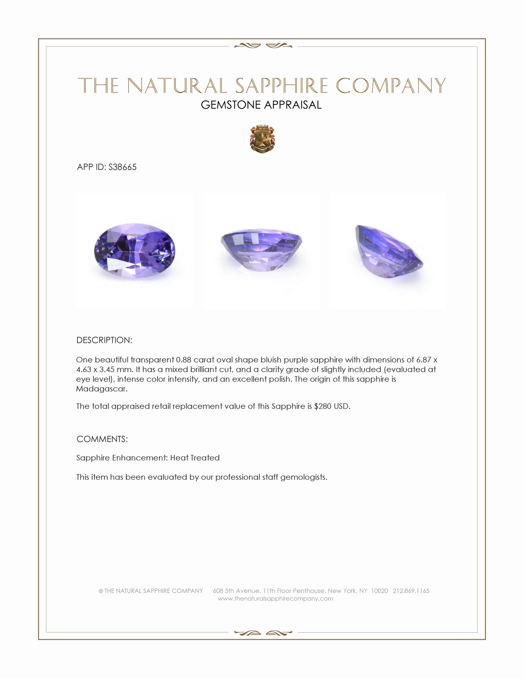 0.88 Ct. Bluish Purple Sapphire from Madagascar