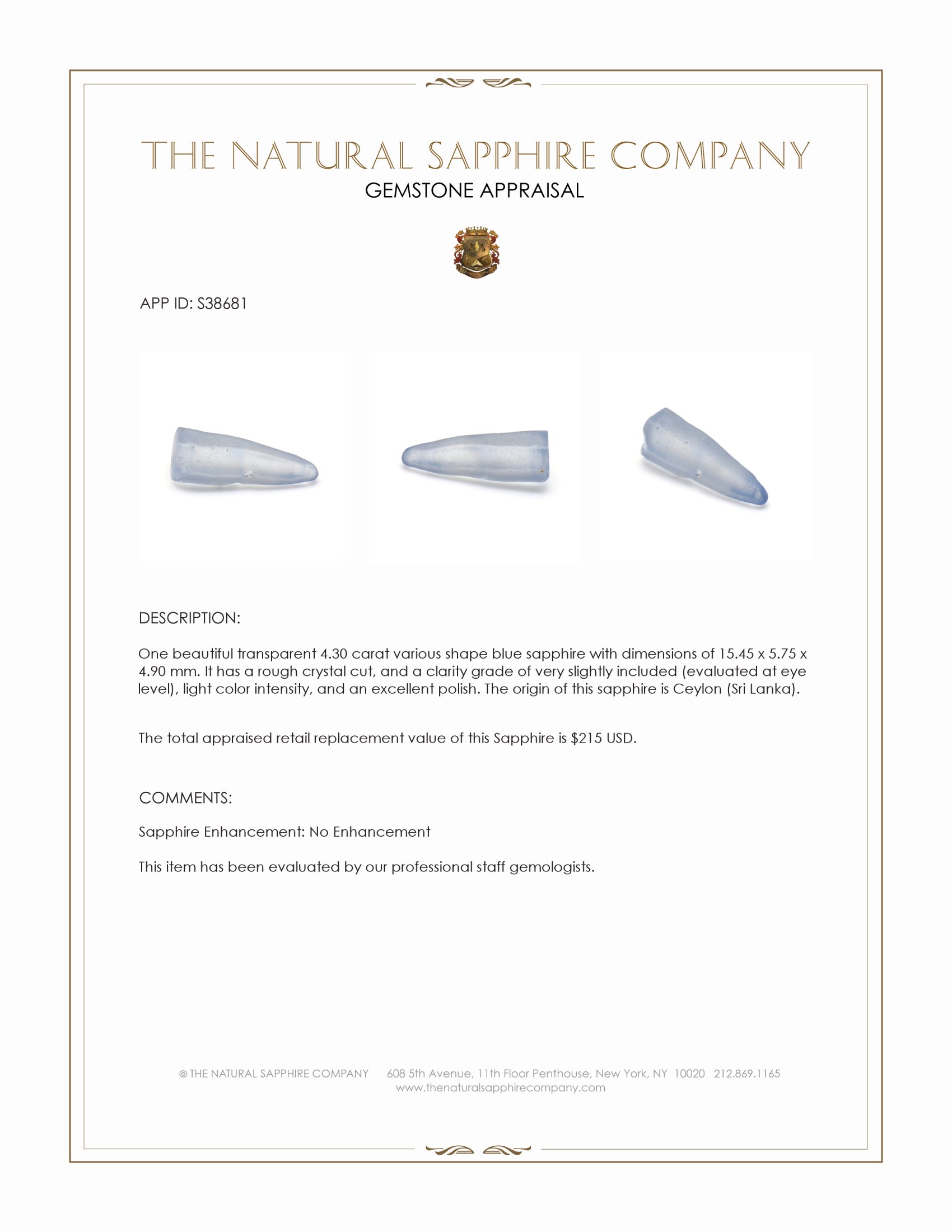 4.30 Ct. Blue Sapphire Crystal from Ceylon (Sri Lanka)