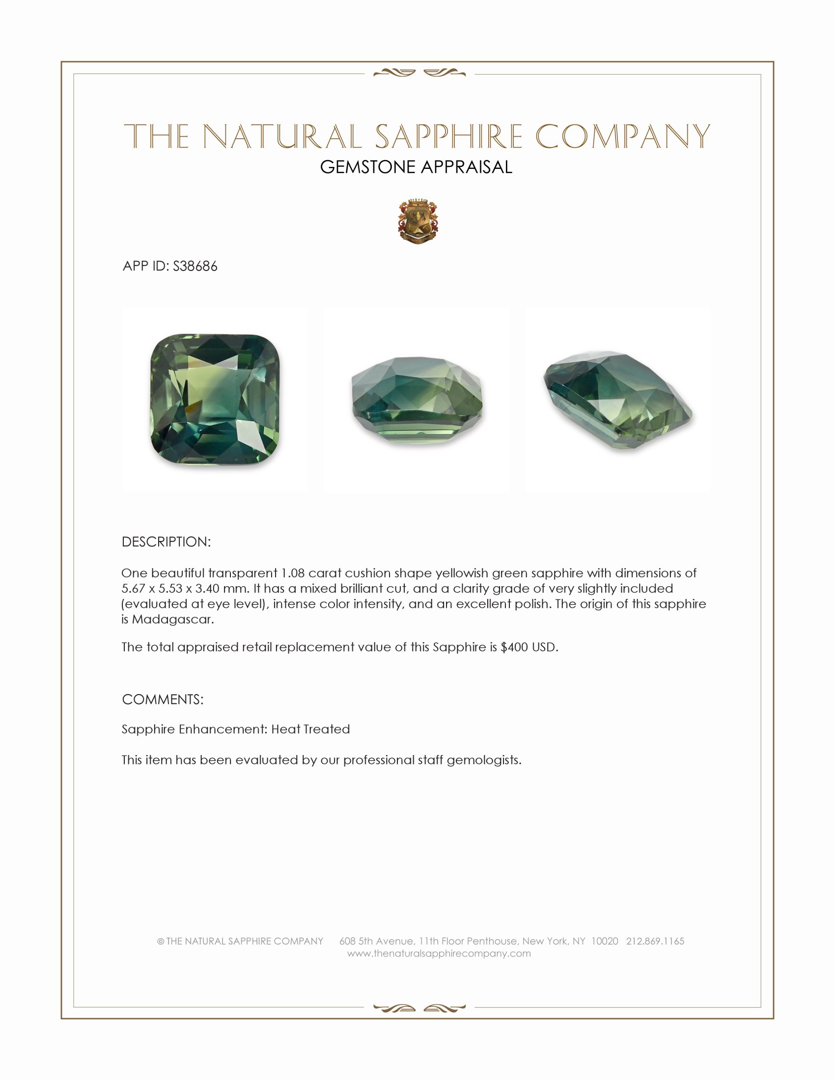 1.08 Ct. Bluish Green Sapphire from Madagascar