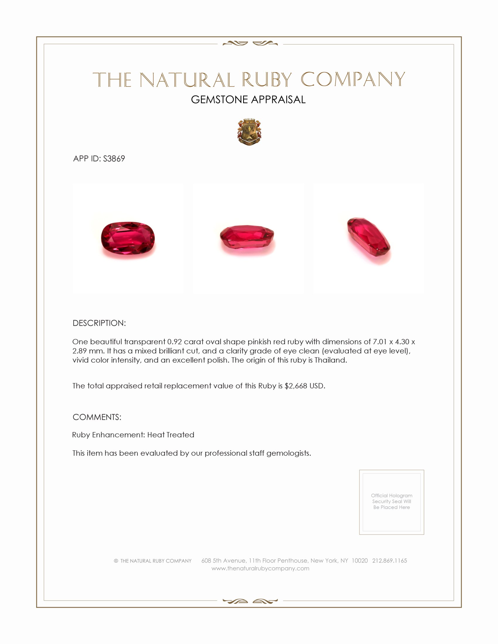 0.92 Ct. Ruby from Thailand