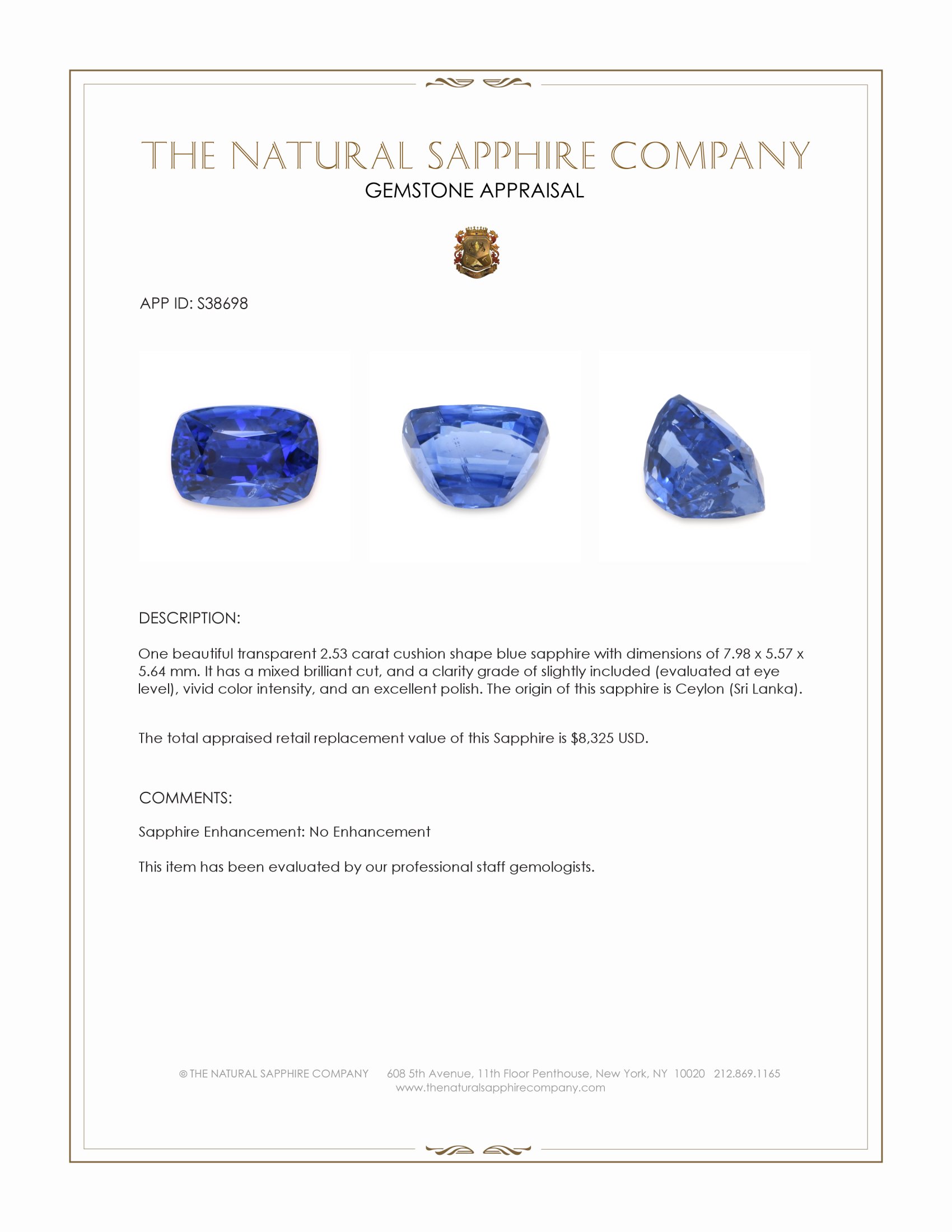 2.53 Ct. Blue Sapphire from Ceylon (Sri Lanka)