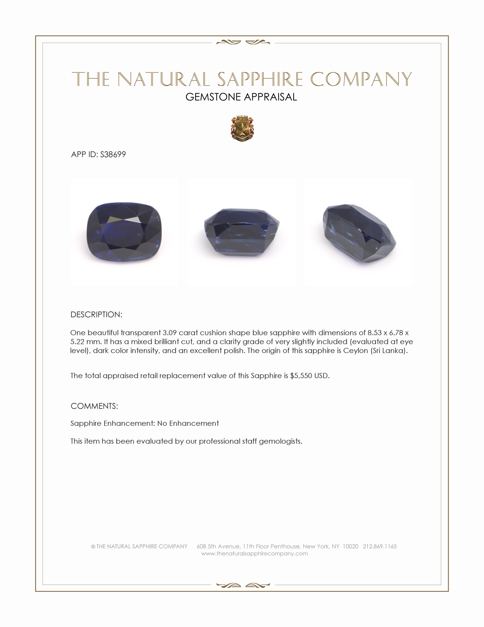 3.09 Ct. Blue Sapphire from Ceylon (Sri Lanka)