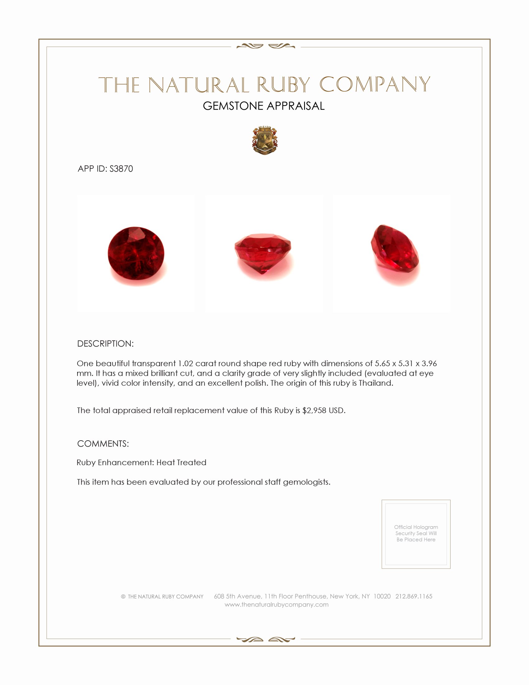 1.02 Ct. Ruby from Thailand