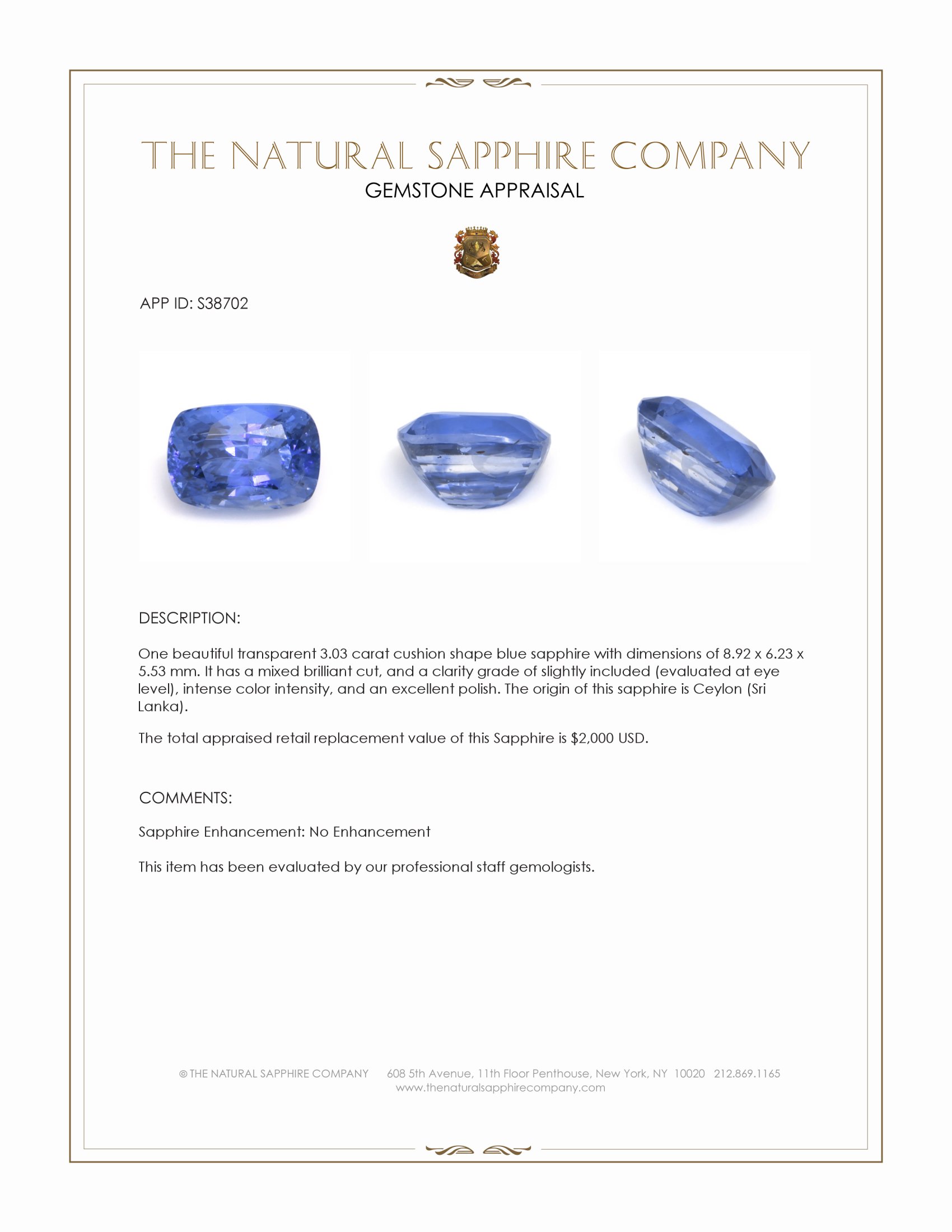 3.03 Ct. Blue Sapphire from Ceylon (Sri Lanka)