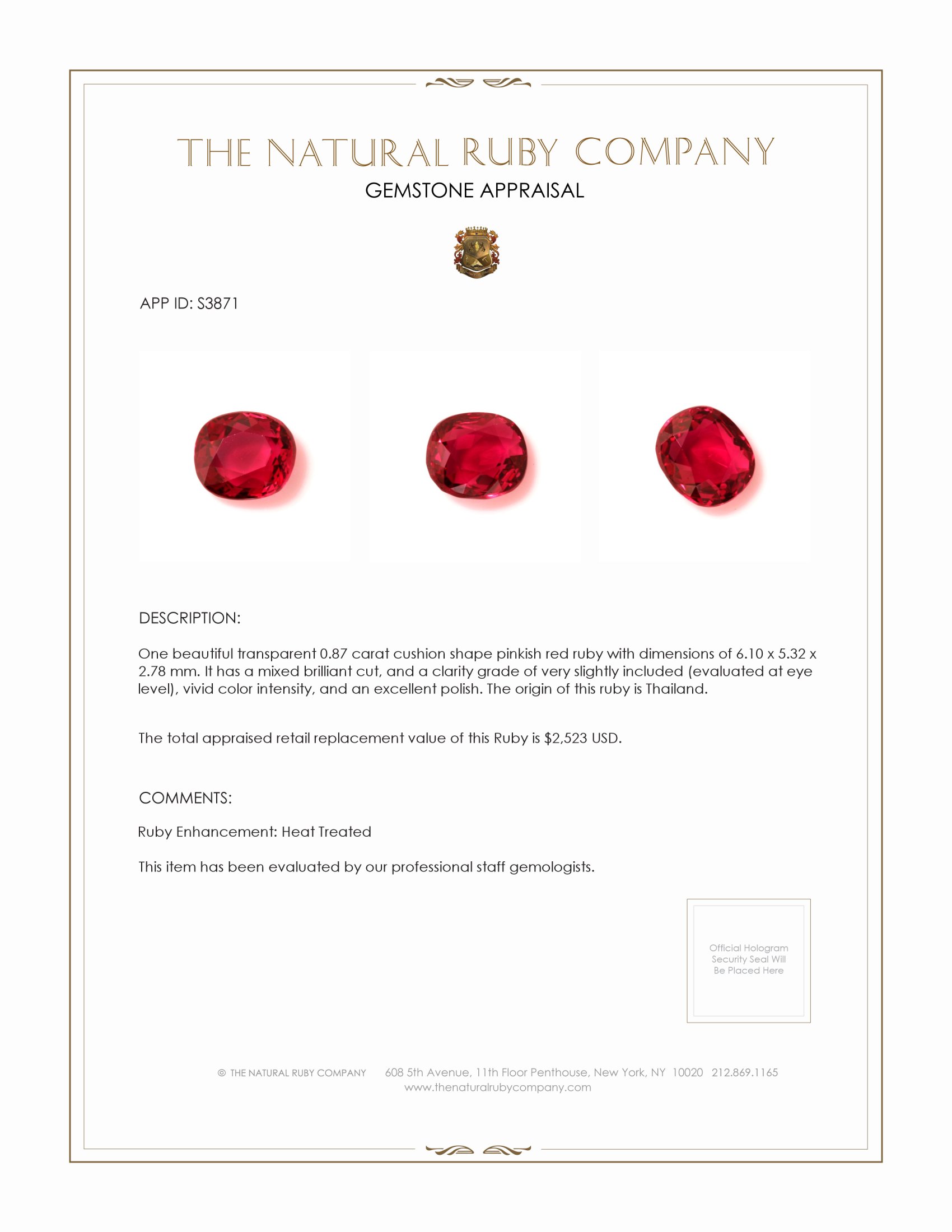 0.87 Ct. Ruby from Thailand