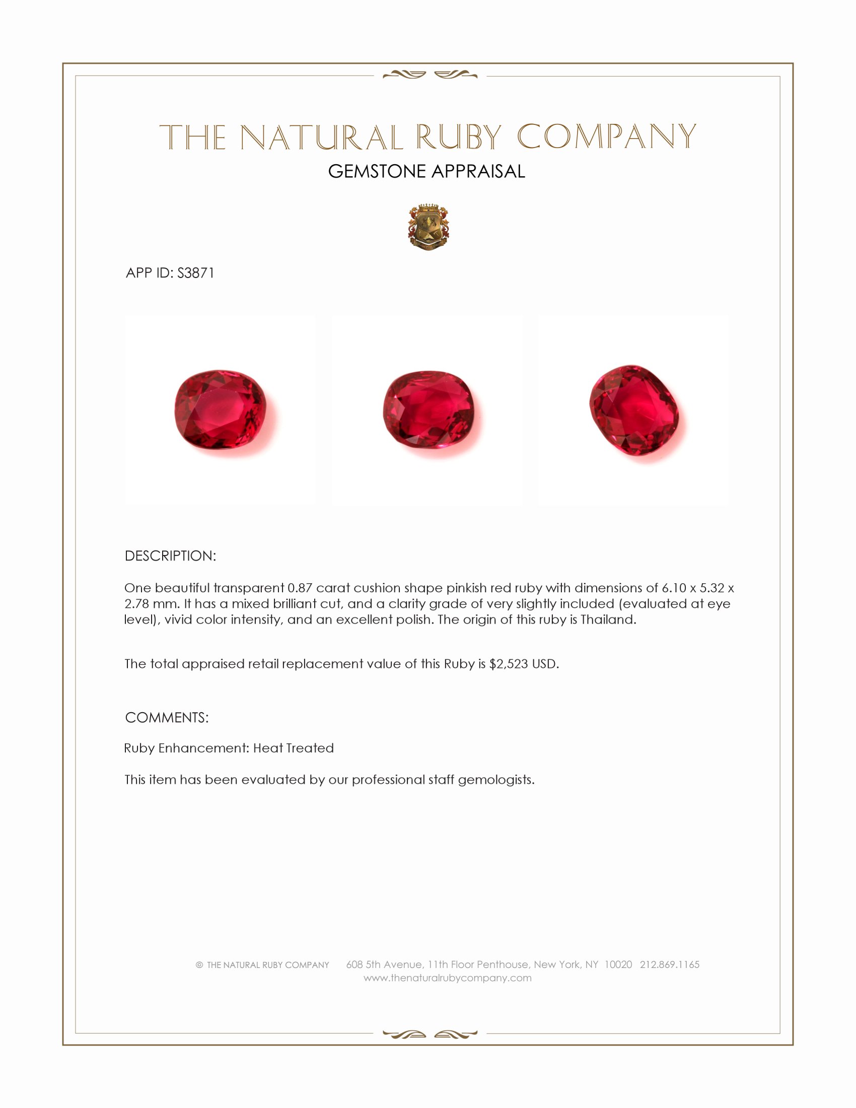 0.87 Ct. Pinkish Red Ruby from Thailand